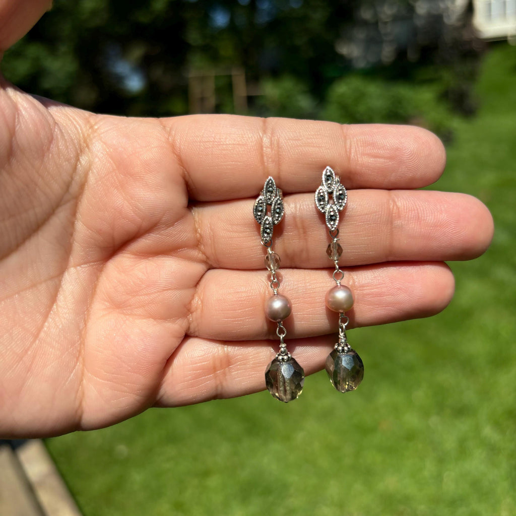 Sterling Silver Cultured Freshwater Cream Color Pearl and Glass Fancy Earrings