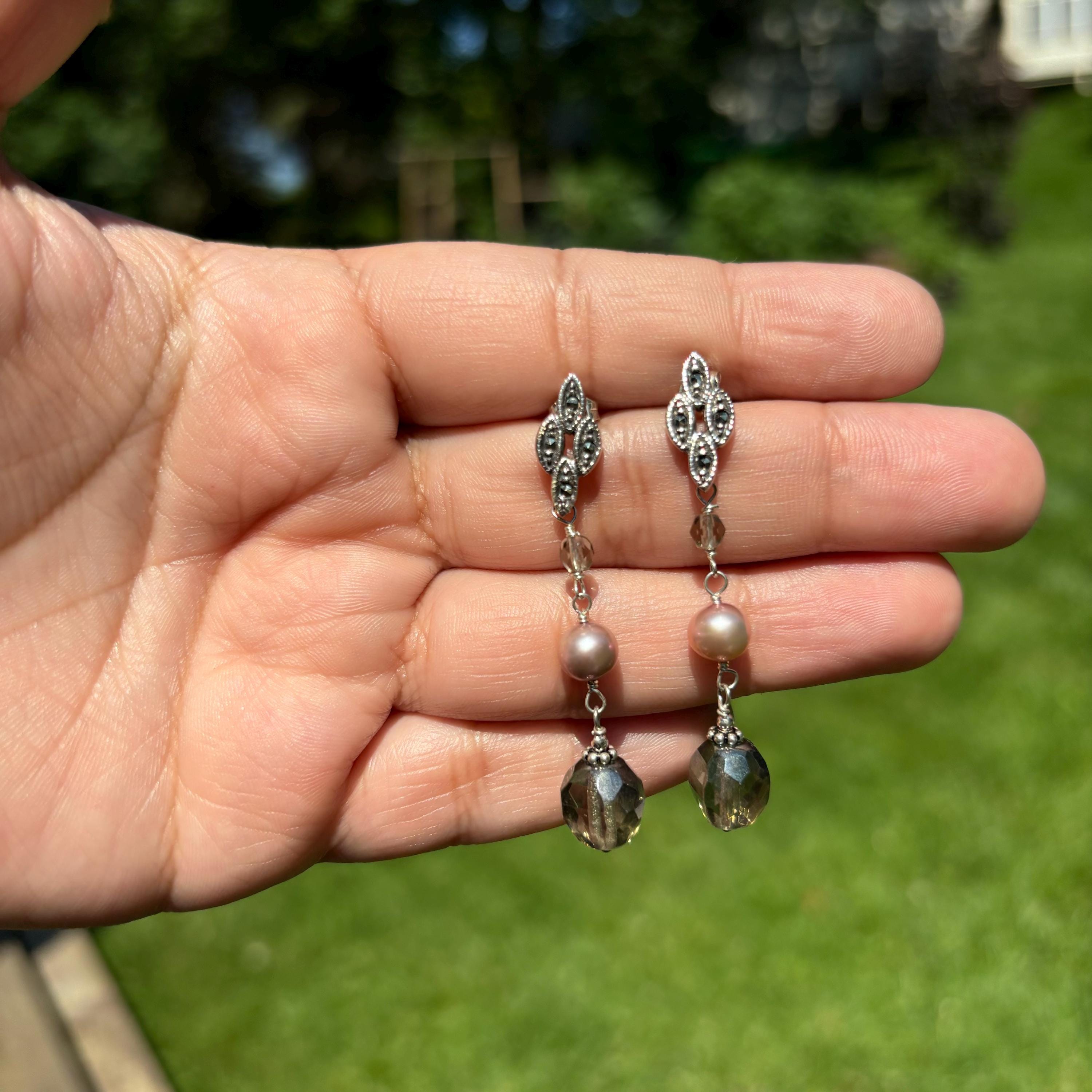 Sterling Silver Cultured Freshwater Cream Color Pearl and Glass Fancy Earrings