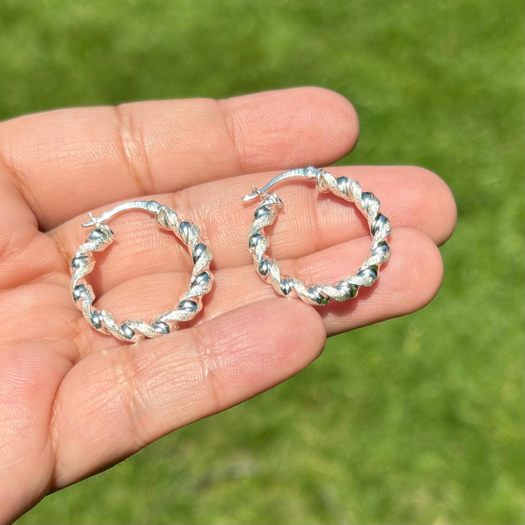 Sterling Silver Polished and Textured Twisted Circle Hoop Earrings