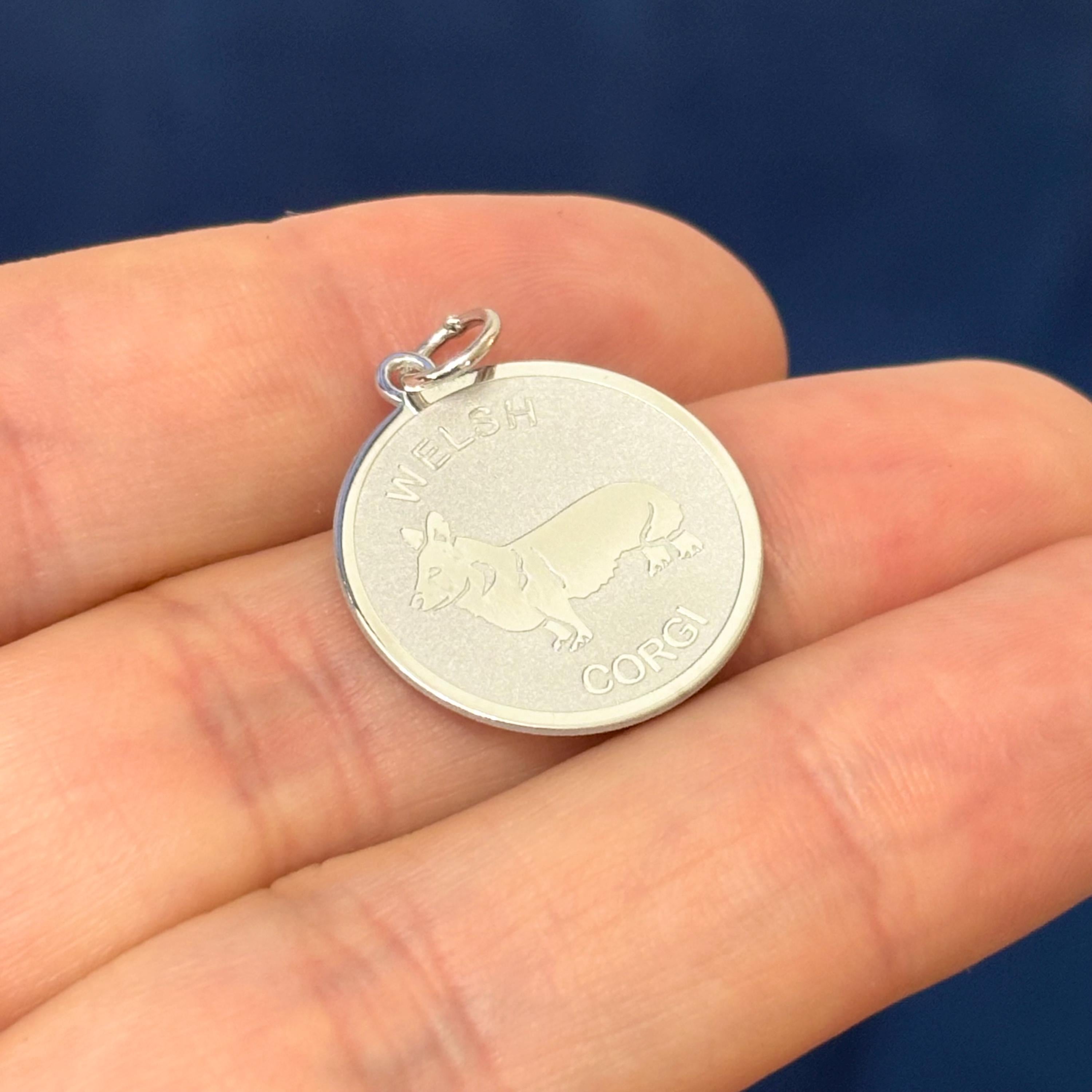 Sterling Silver Welsh Corgi Shiny and Matte Disc Charm Pendant