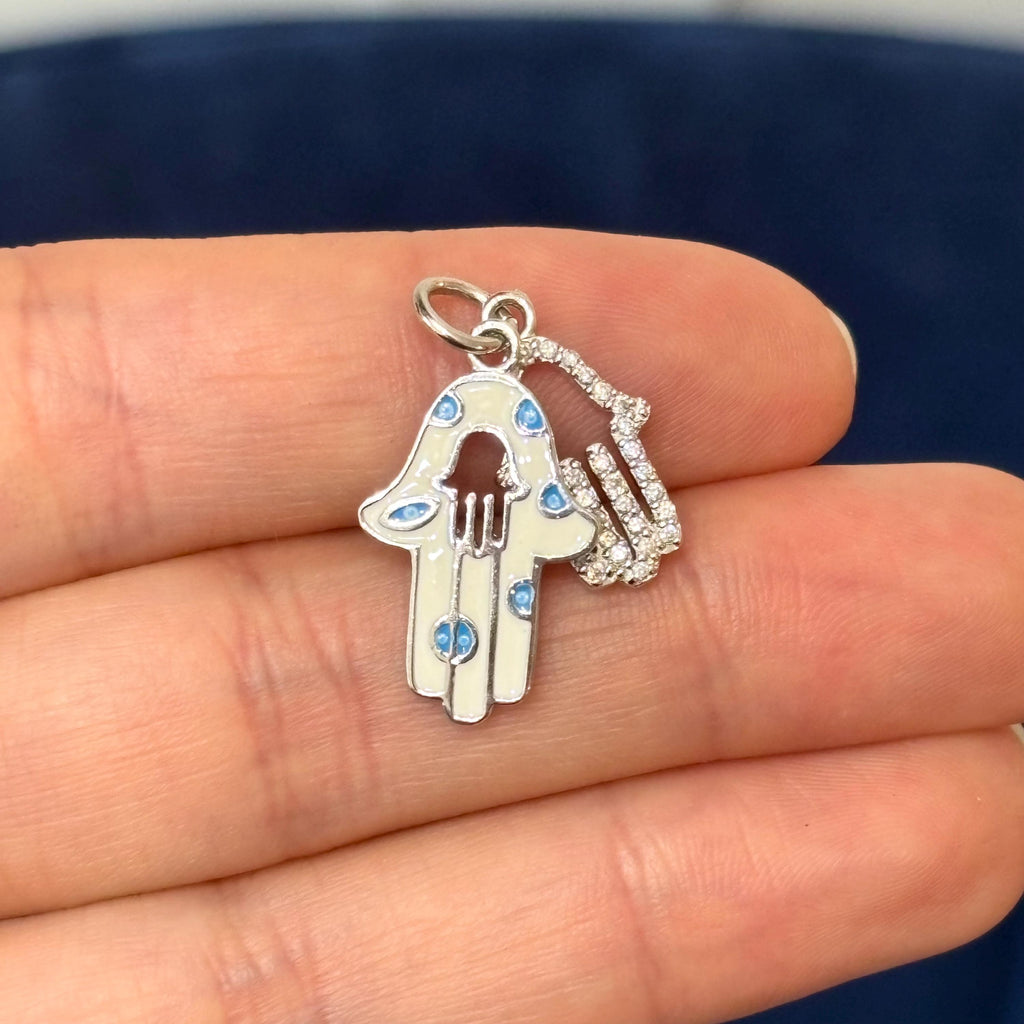 Sterling Silver with Enamel Evil Eye and CZ Hamsa Two-charm Pendant