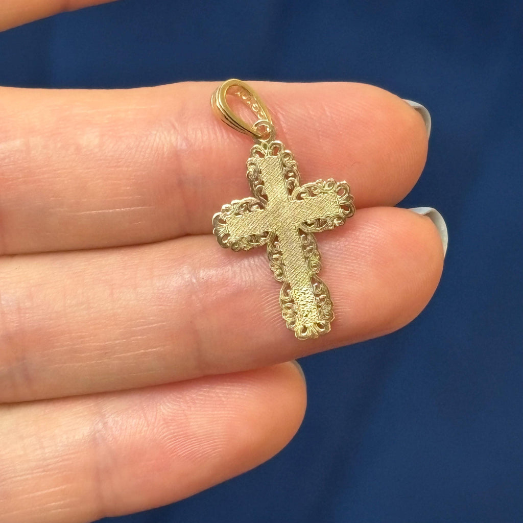 14K Yellow Gold Lace Trim Cross Charm Pendant