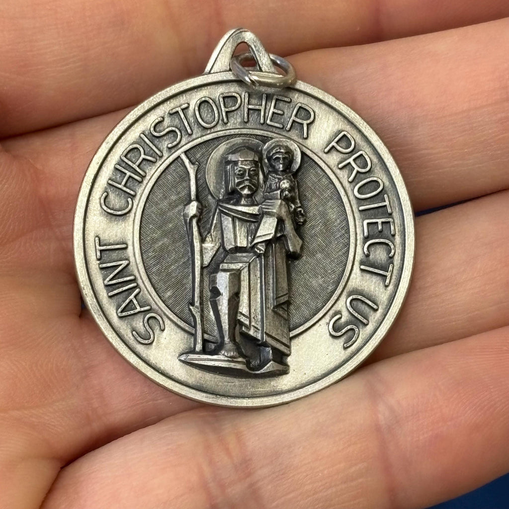 Sterling Silver St Christopher Round Pendant 33mm Matte