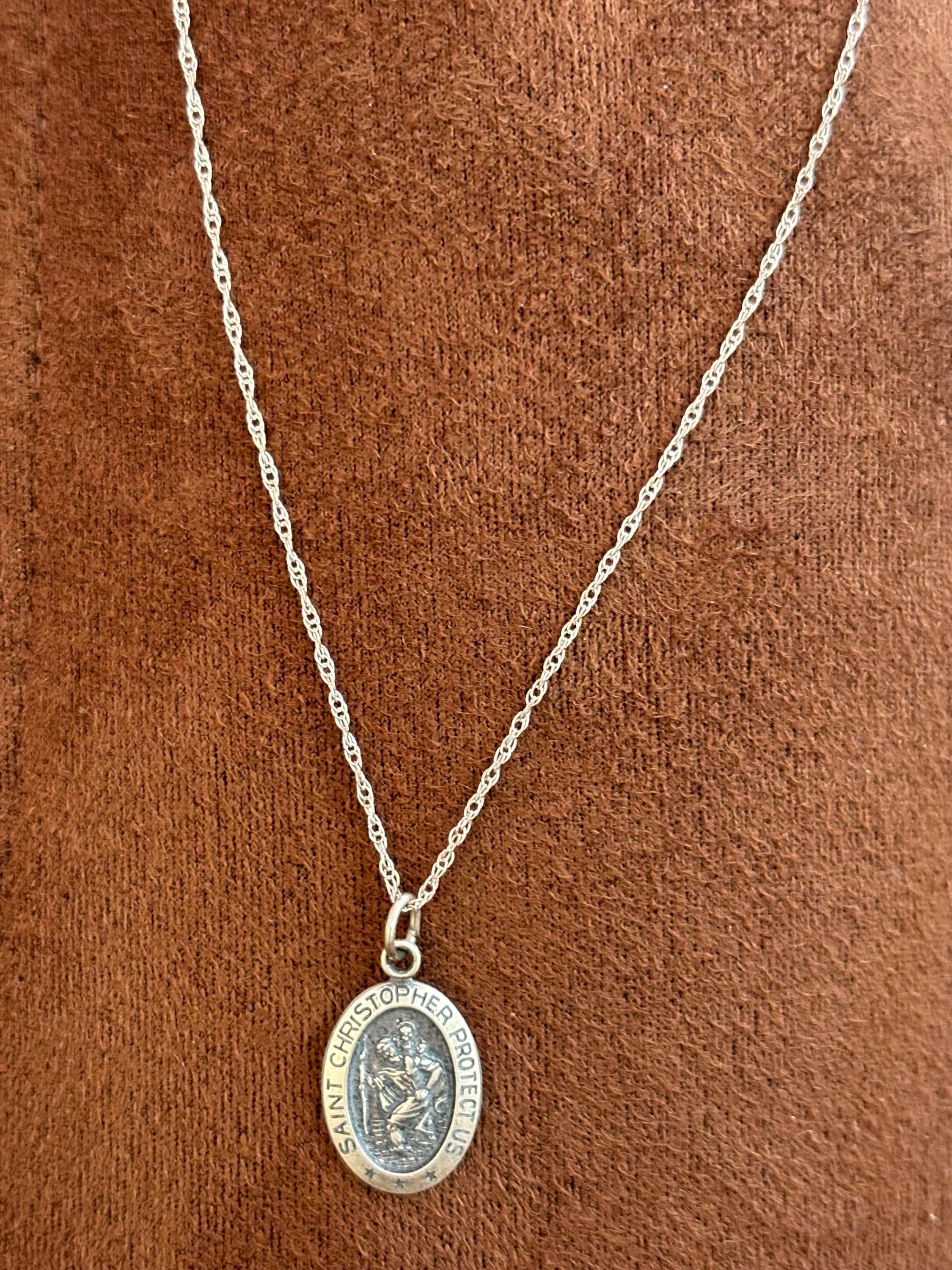 Sterling Silver St Christopher Oval Charm Pendant 18mm x 10mm Small with 18”Necklace