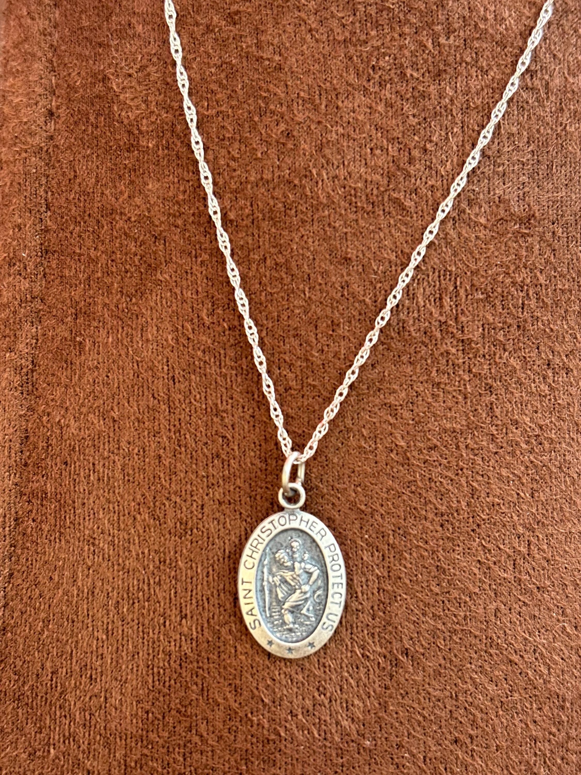 Sterling Silver St Christopher Oval Charm Pendant 18mm x 10mm Small with 18”Necklace