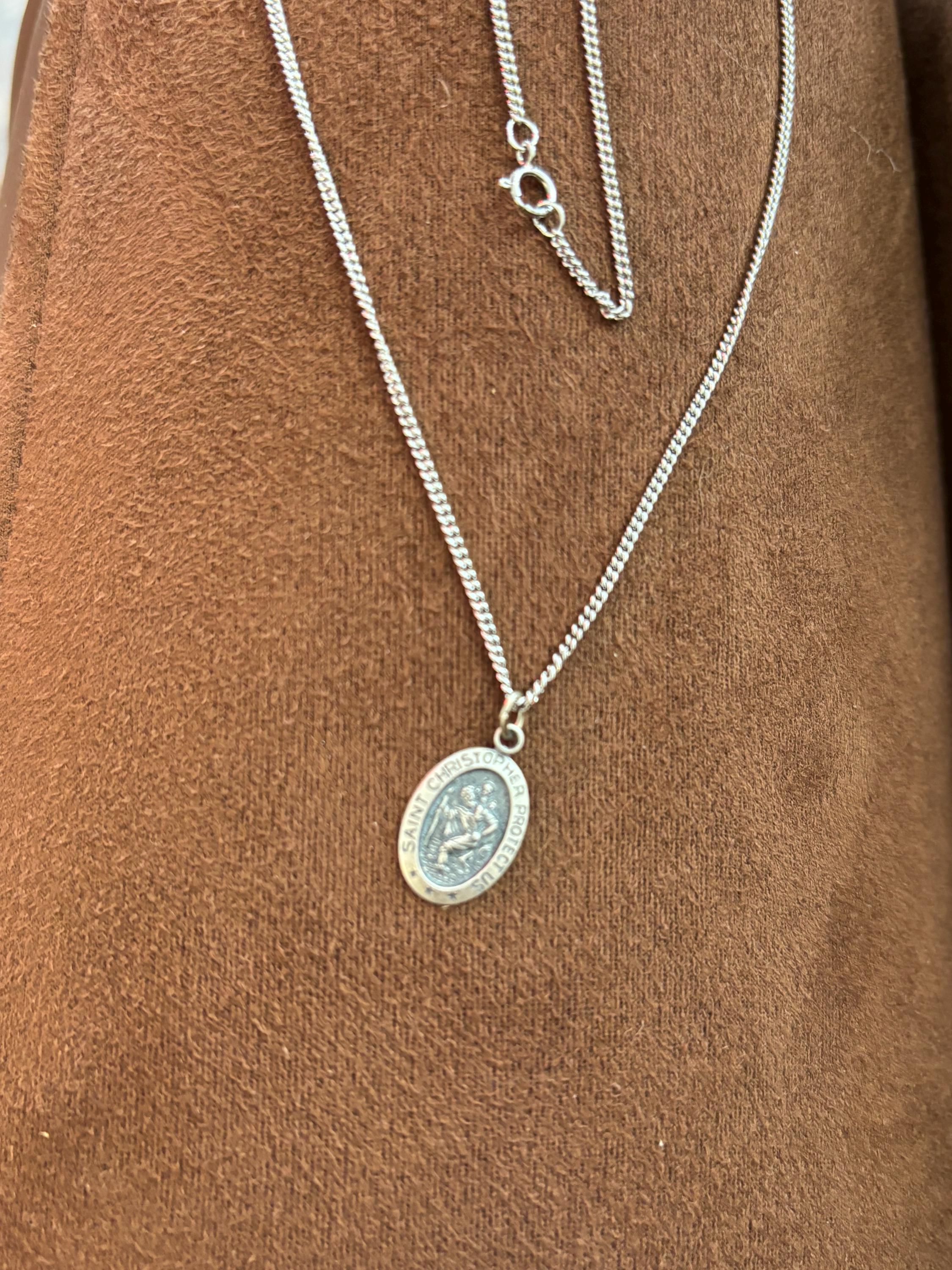 Sterling Silver St Christopher Oval Charm Pendant 18mm x 10mm Small with 18”Necklace