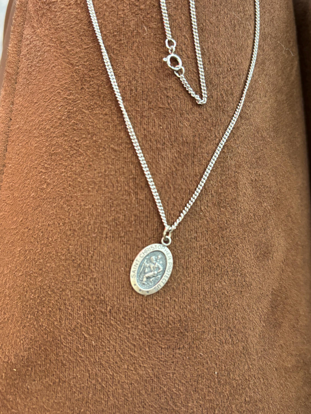 Sterling Silver St Christopher Oval Charm Pendant 18mm x 10mm Small with 20” Necklace