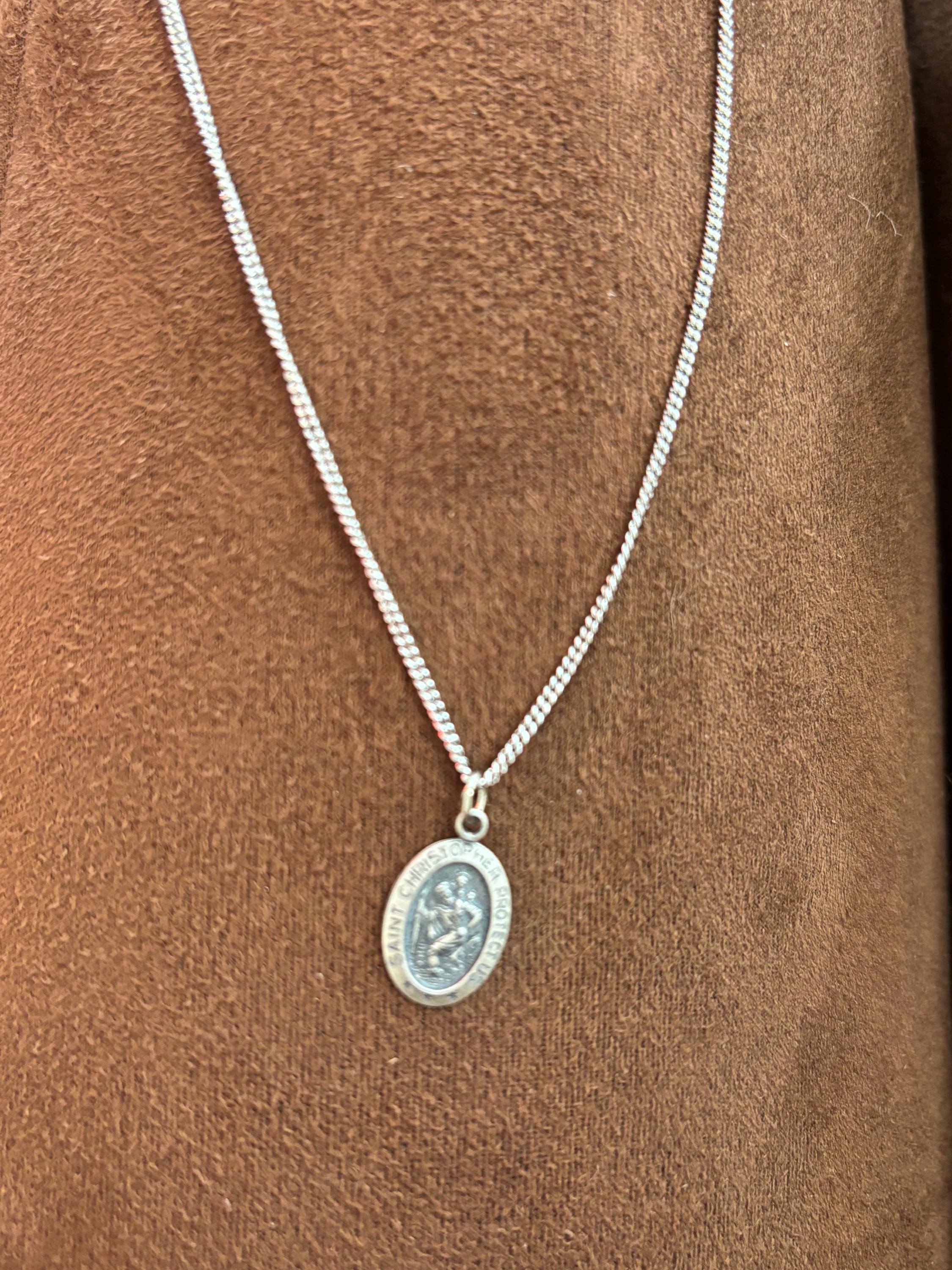 Sterling Silver St Christopher Oval Charm Pendant 18mm x 10mm Small with 20” Necklace