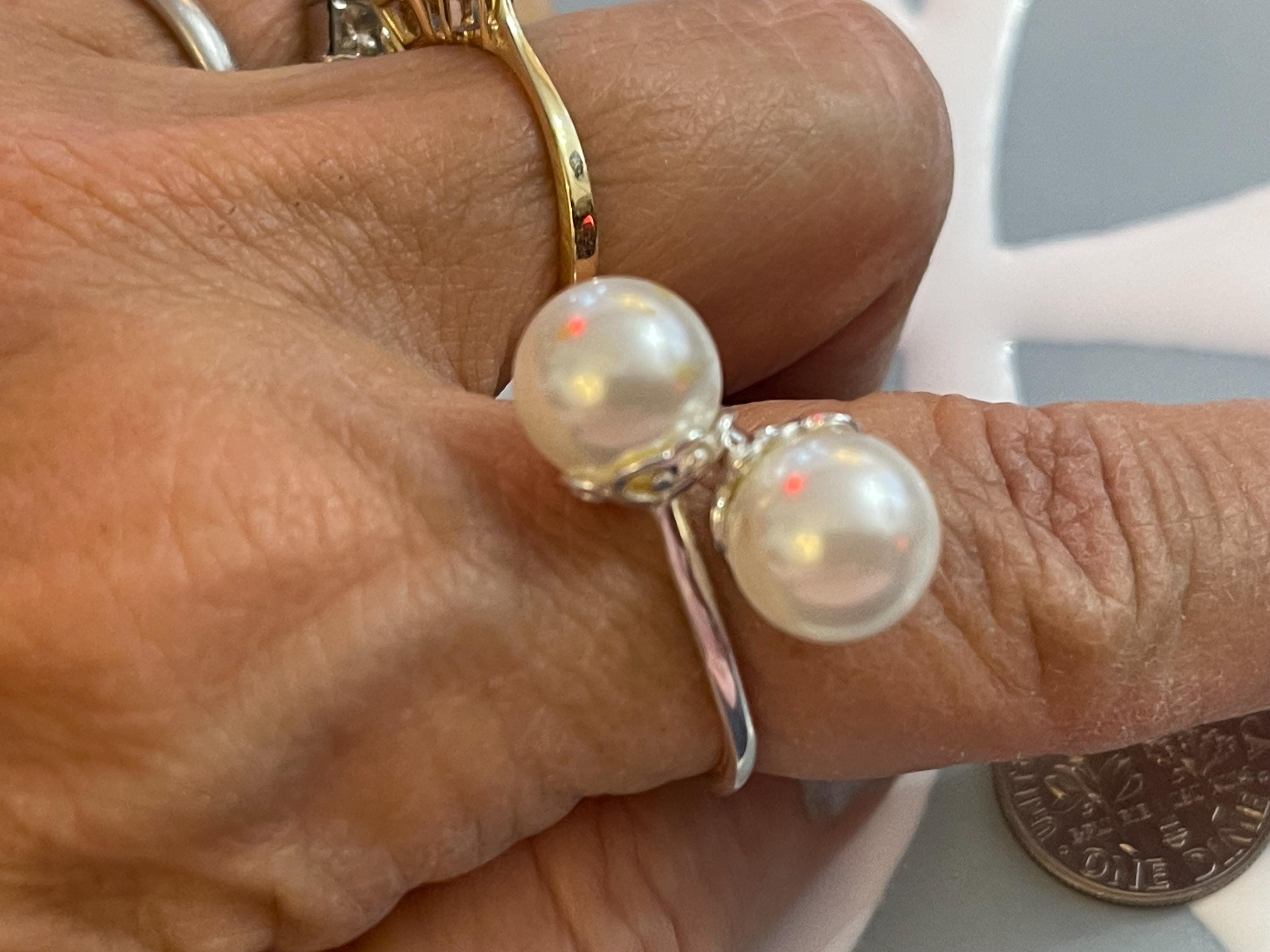Sterling Silver Polished Faux Double Pearl Ring