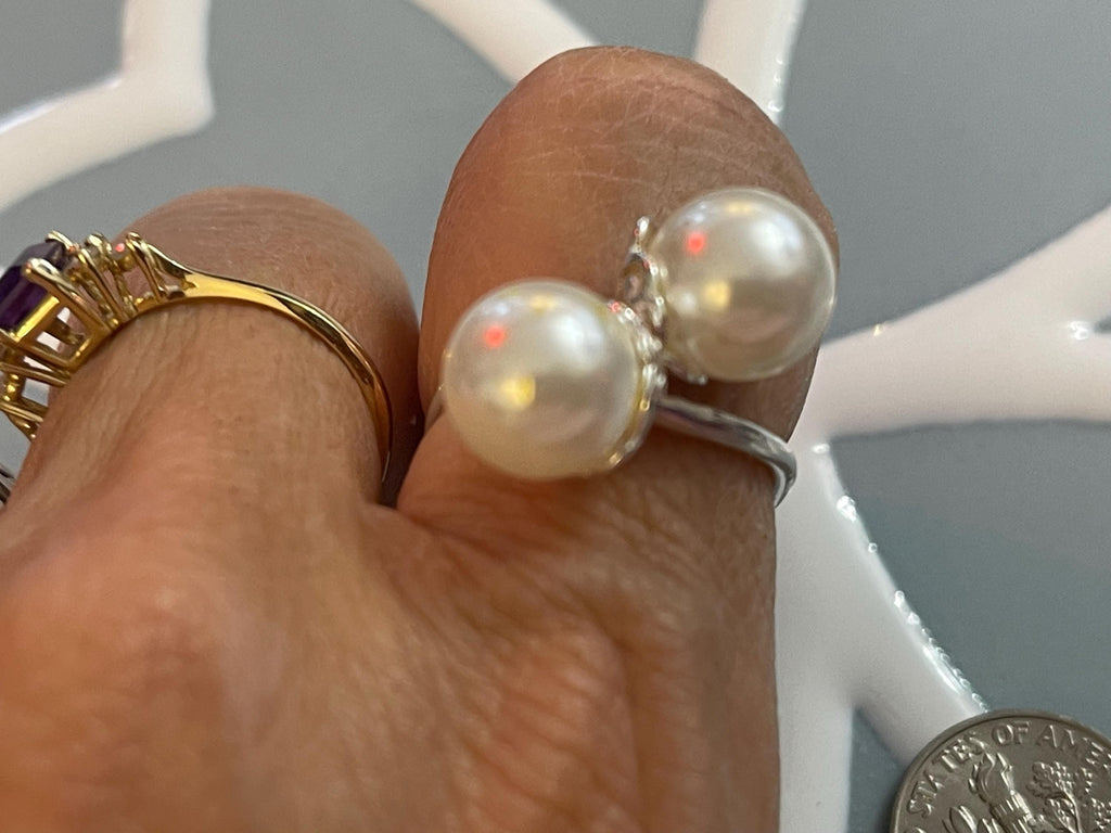 Sterling Silver Polished Faux Double Pearl Ring