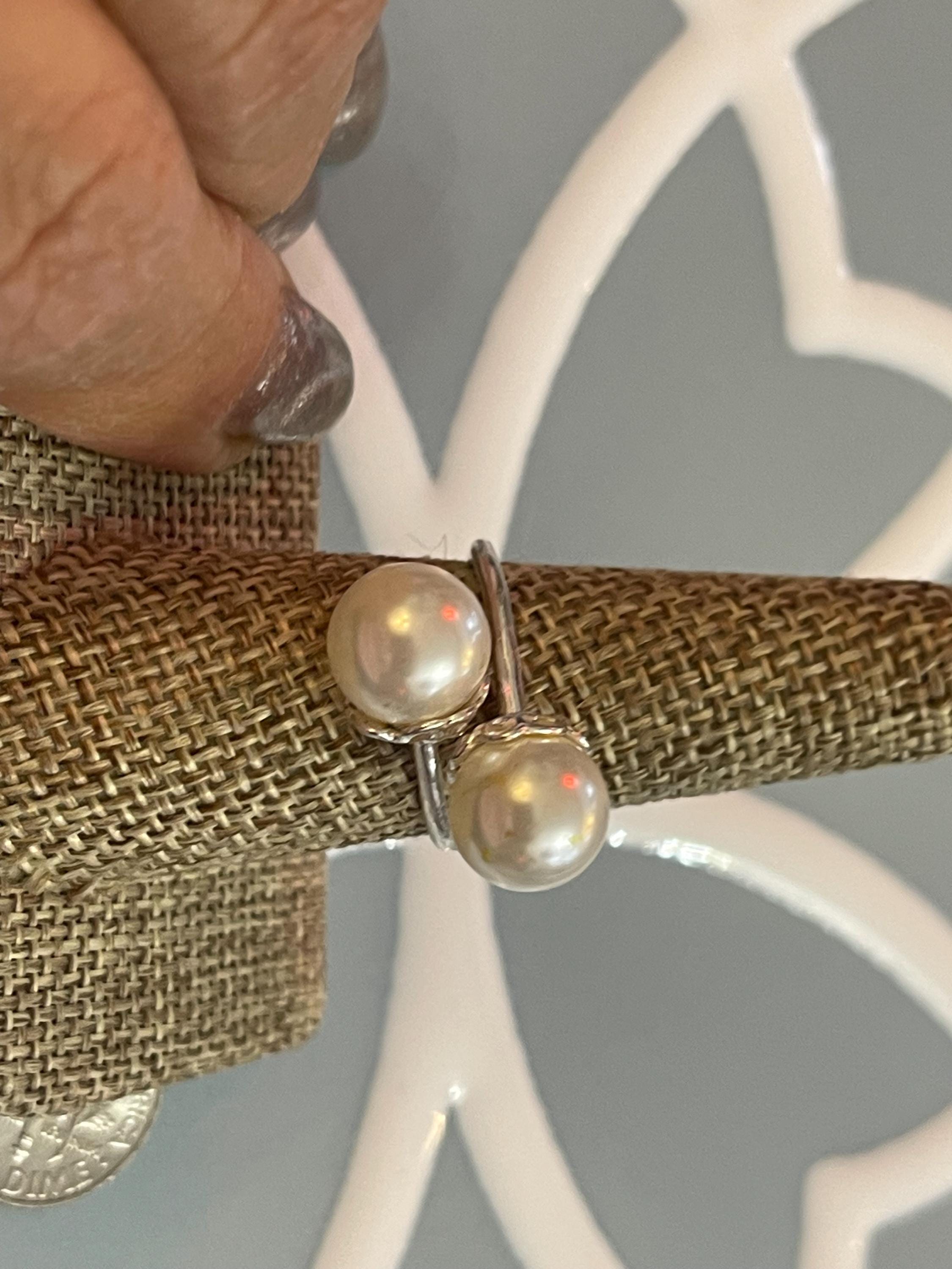 Sterling Silver Polished Faux Double Pearl Ring