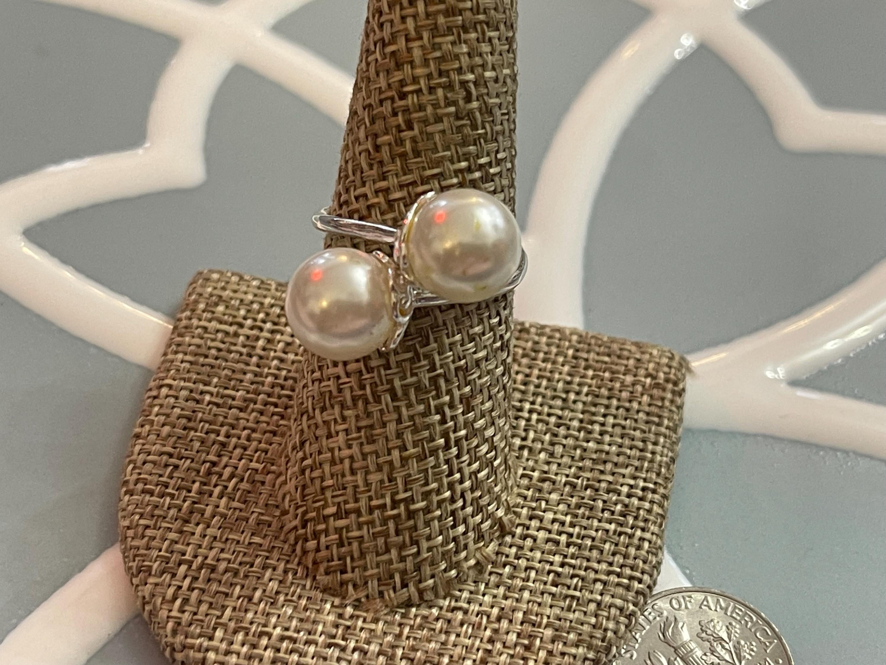 Sterling Silver Polished Faux Double Pearl Ring