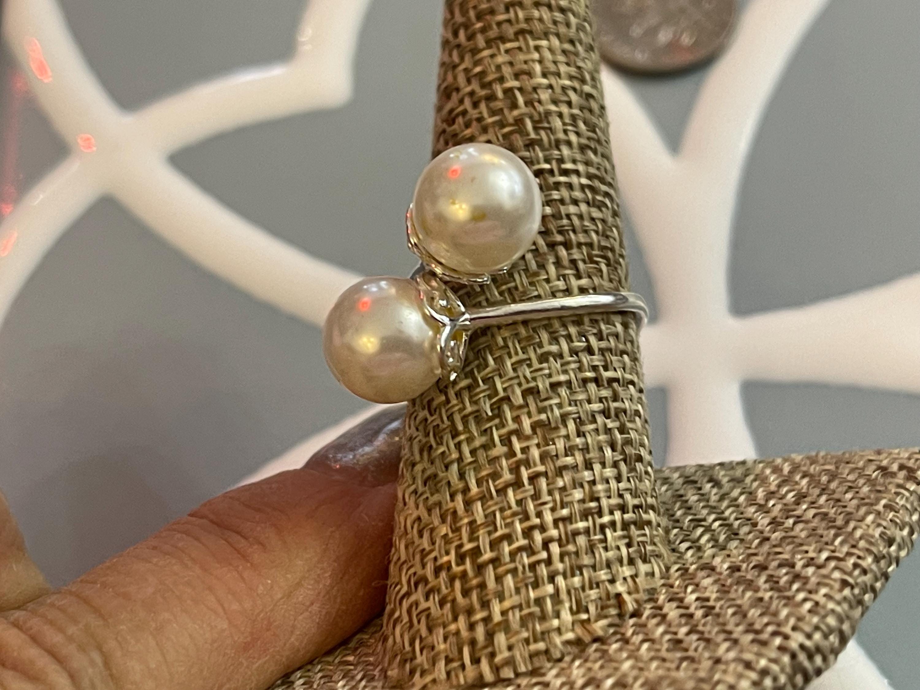 Sterling Silver Polished Faux Double Pearl Ring