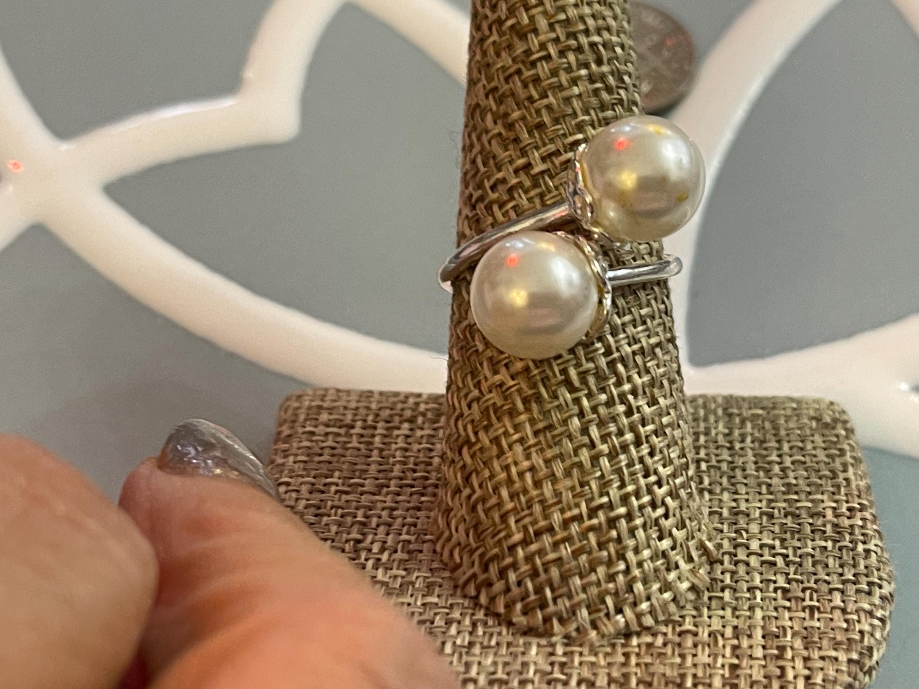 Sterling Silver Polished Faux Double Pearl Ring
