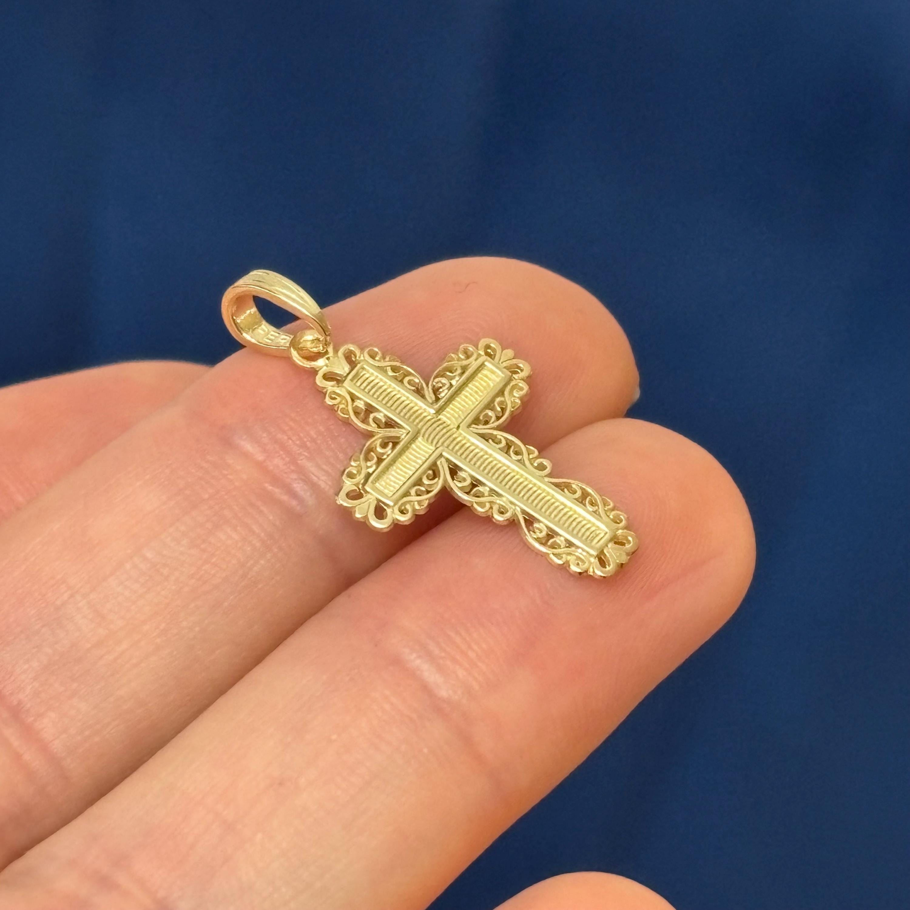 14K Yellow Gold Lace Trim Cross Charm Pendant