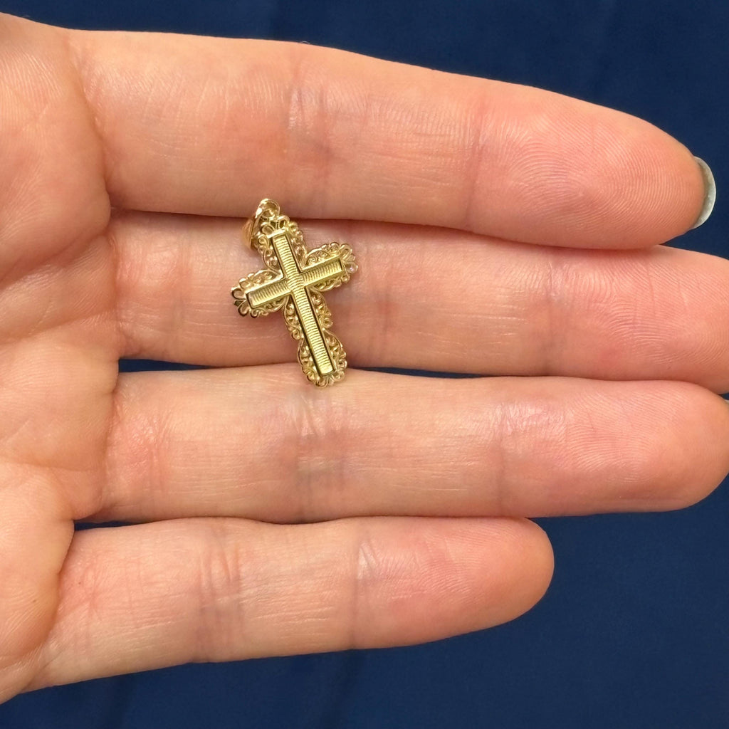 14K Yellow Gold Lace Trim Cross Charm Pendant
