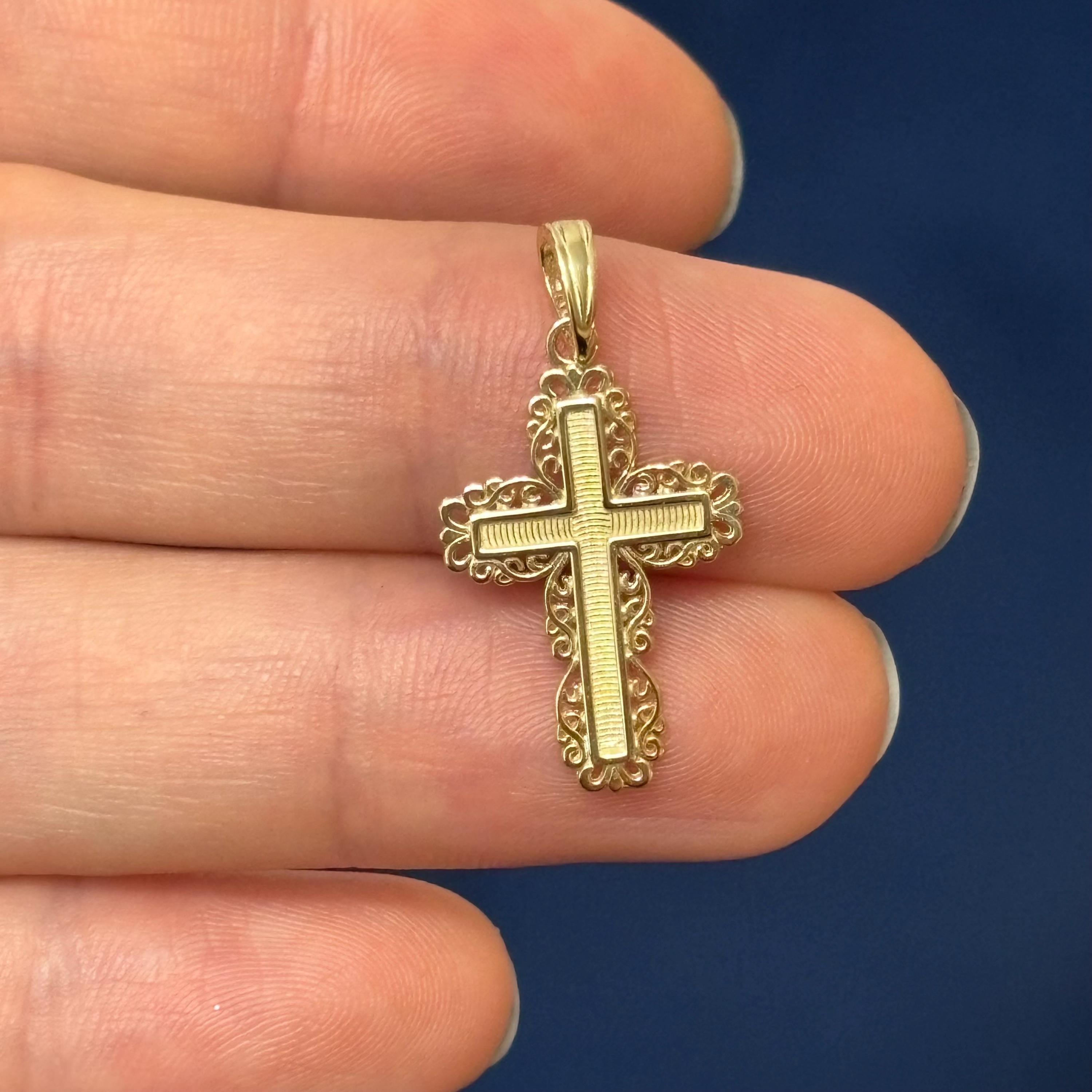 14K Yellow Gold Lace Trim Cross Charm Pendant