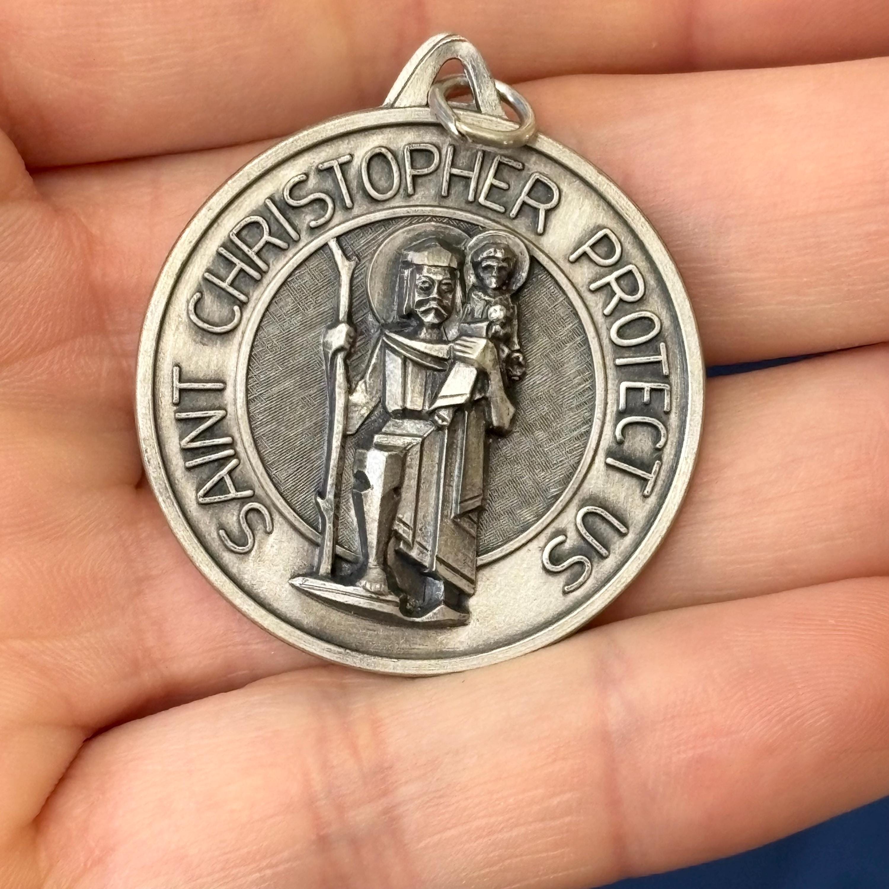 Sterling Silver St Christopher Round Pendant 33mm Matte