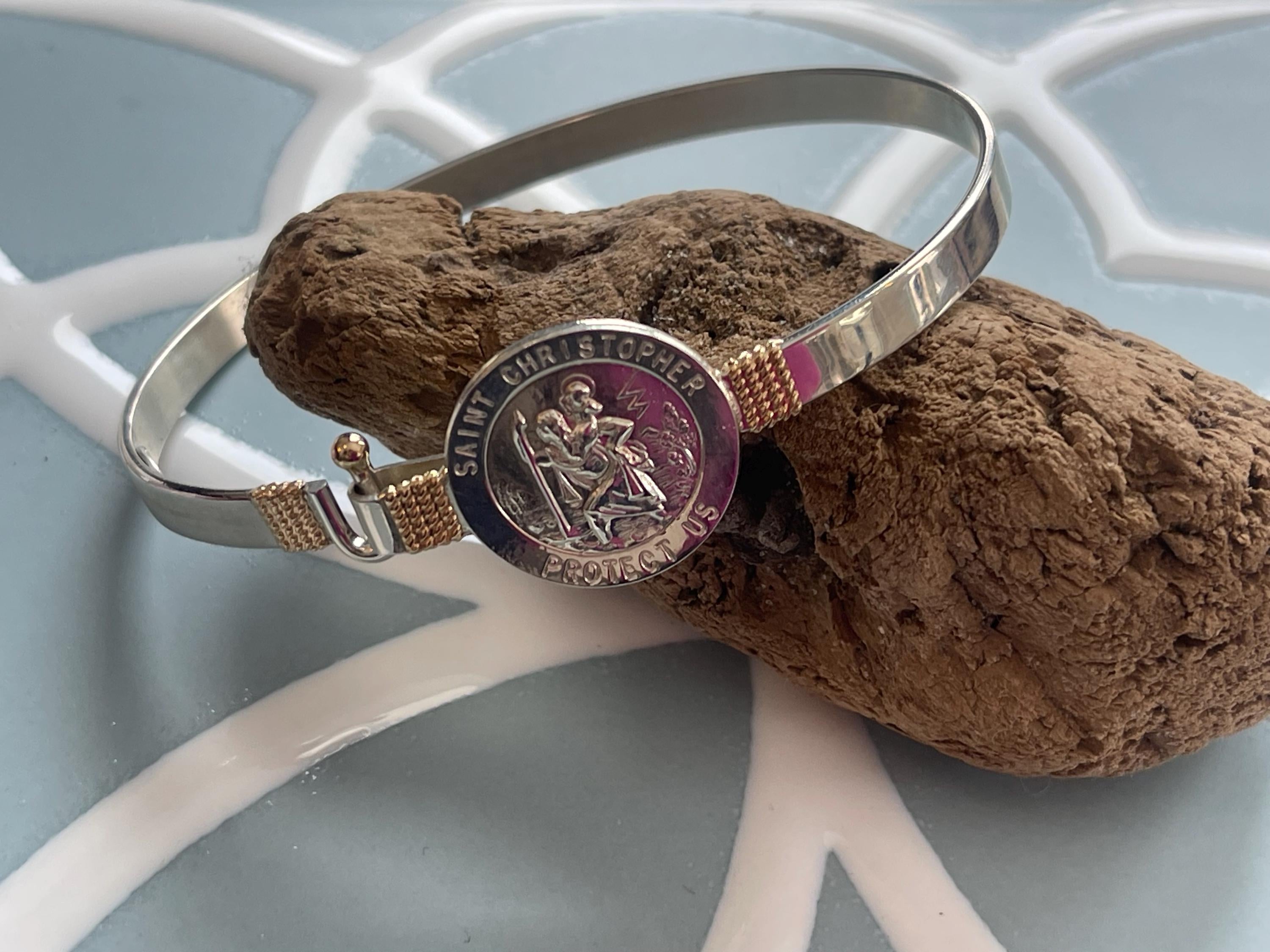 Sterling Silver with 14K Gold Accent St Christopher Polished Bangle Bracelet