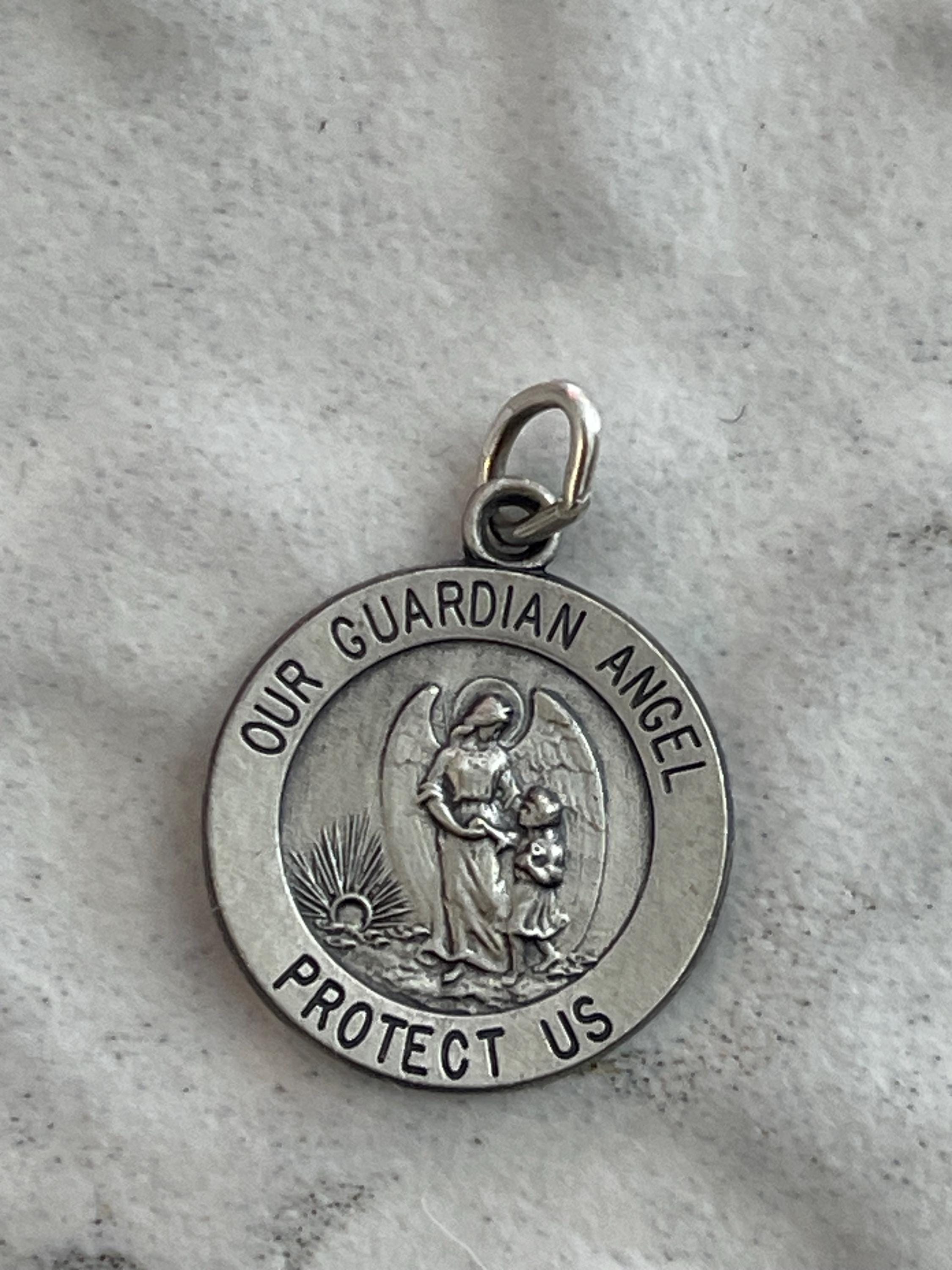 Sterling Silver Our Guardian Angel Round Medal Charm Pendant