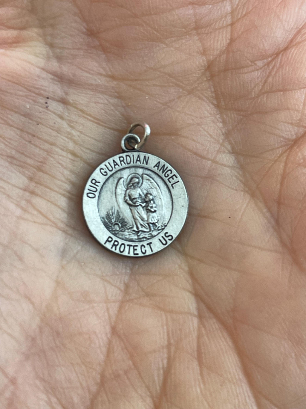 Sterling Silver Our Guardian Angel Round Medal Charm Pendant