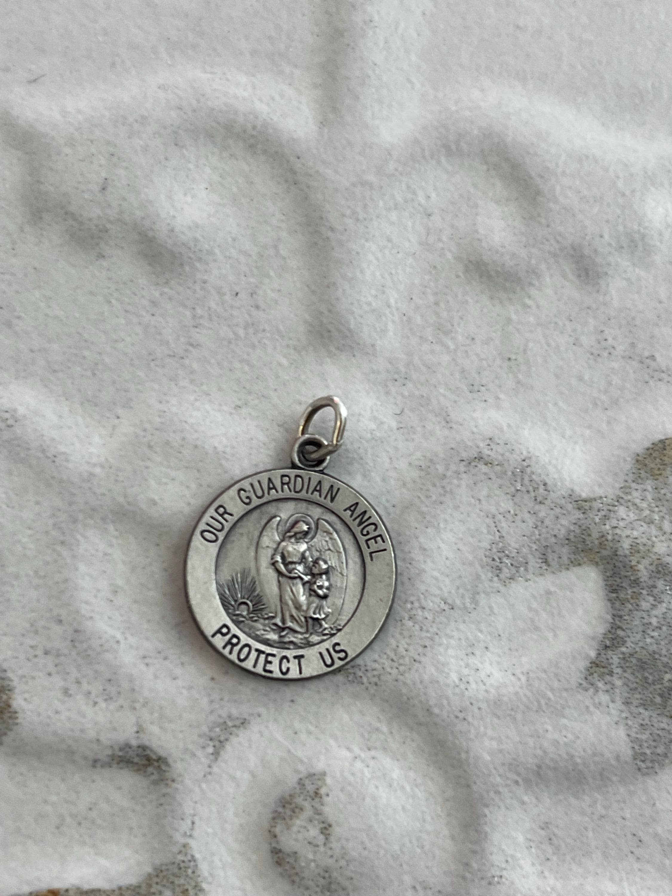Sterling Silver Our Guardian Angel Round Medal Charm Pendant