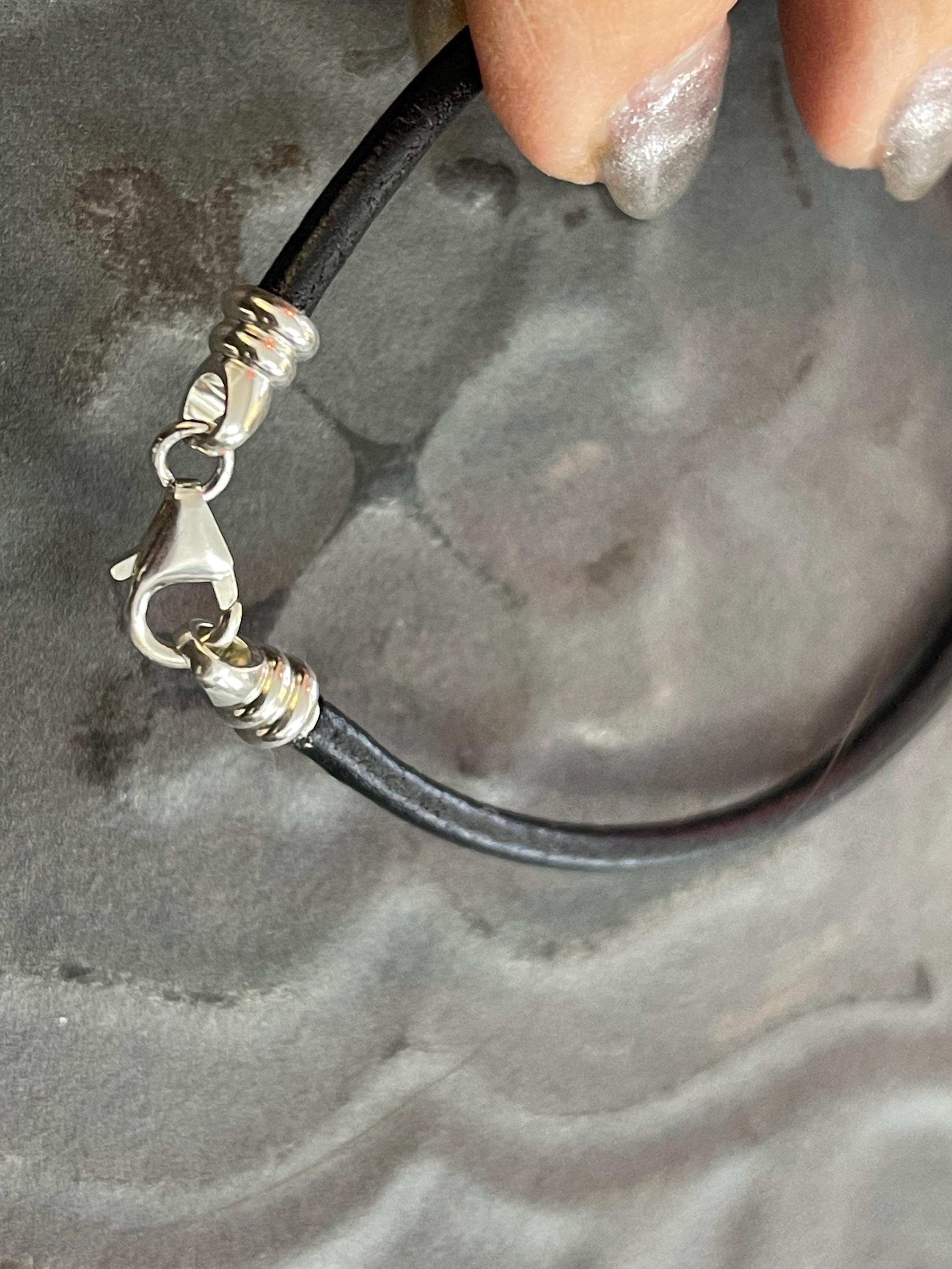 Black Leather Cord Bracelet with Sterling Silver Threaded Clasp