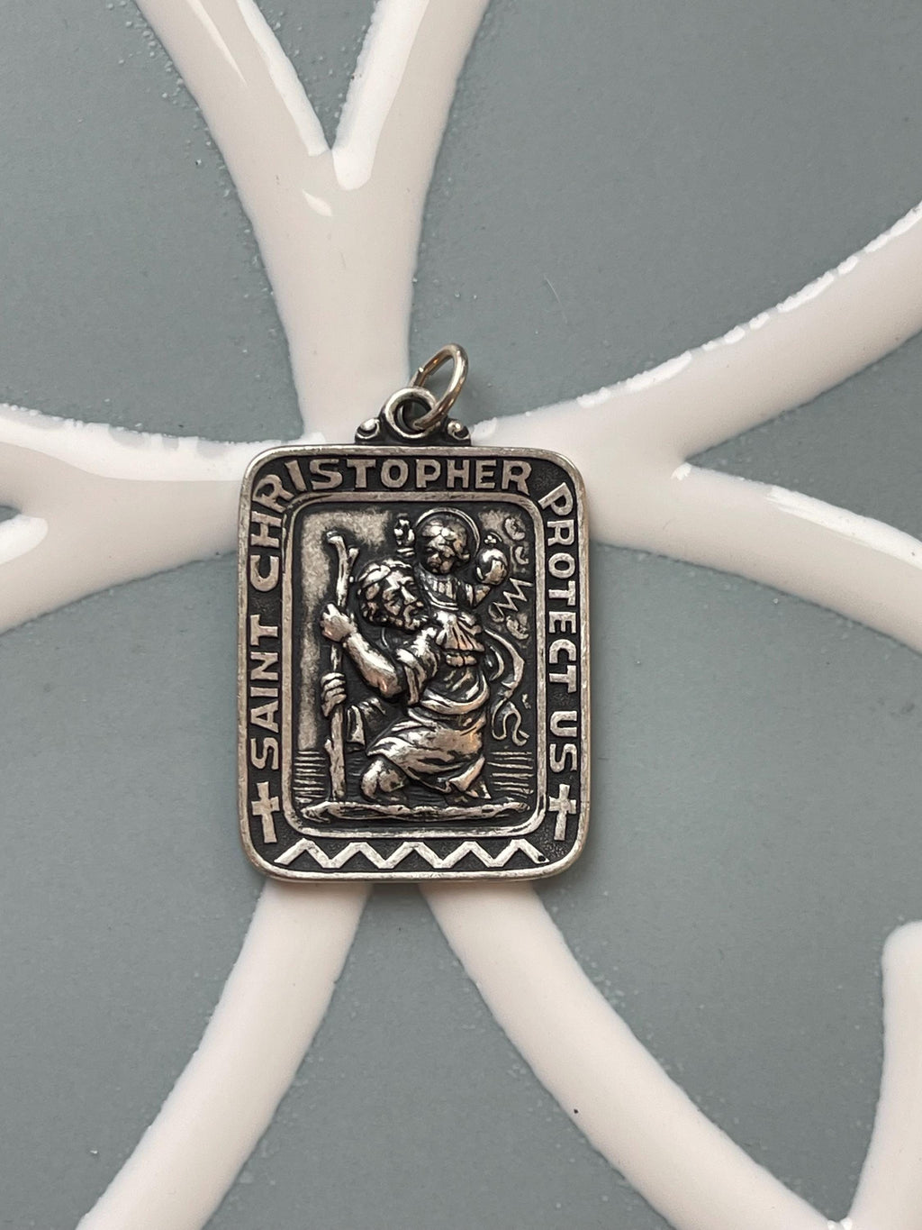 Sterling Silver 31.5x26 mm Saint Christopher Rectangle Medal Pendant