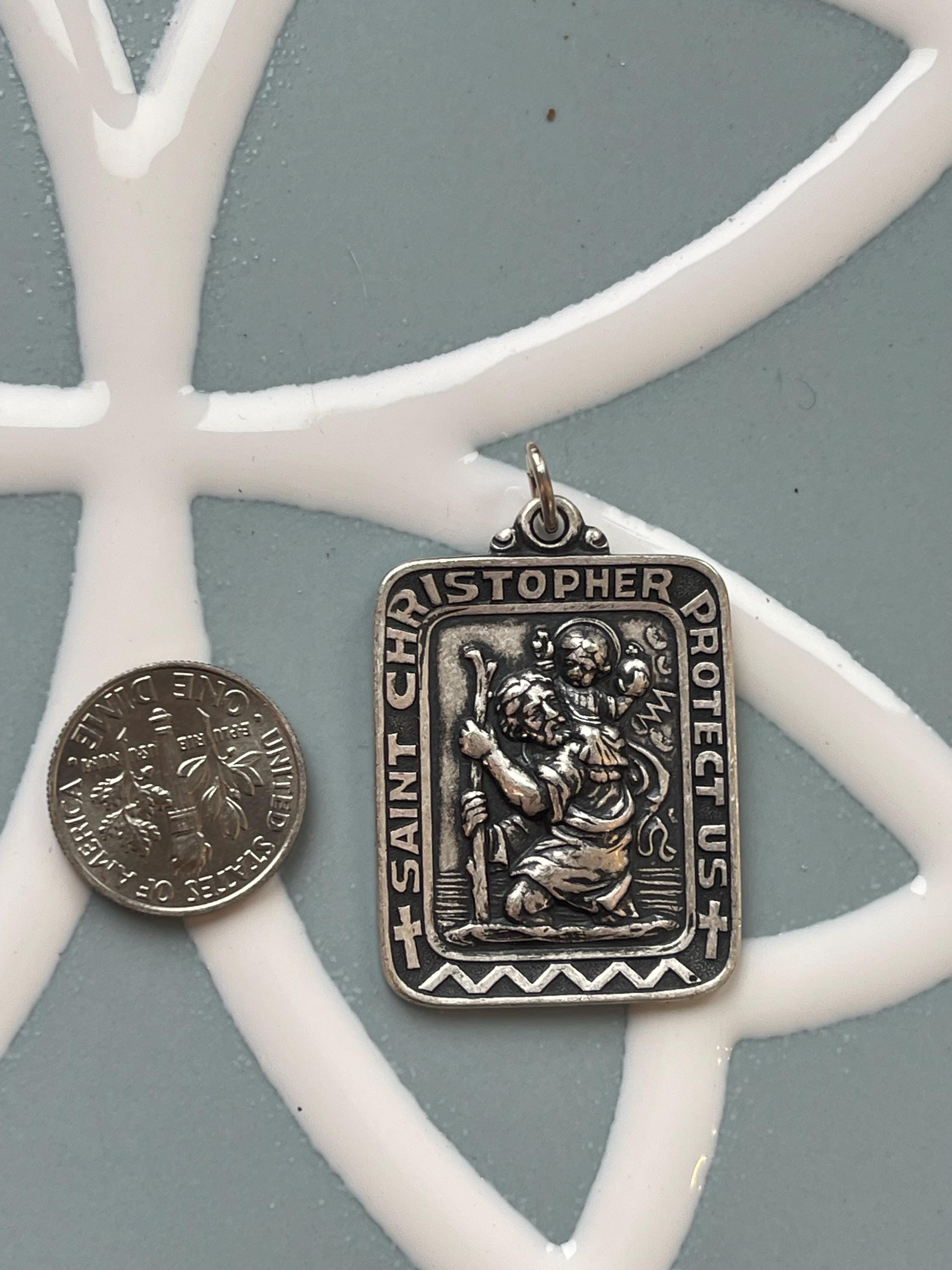 Sterling Silver 31.5x26 mm Saint Christopher Rectangle Medal Pendant
