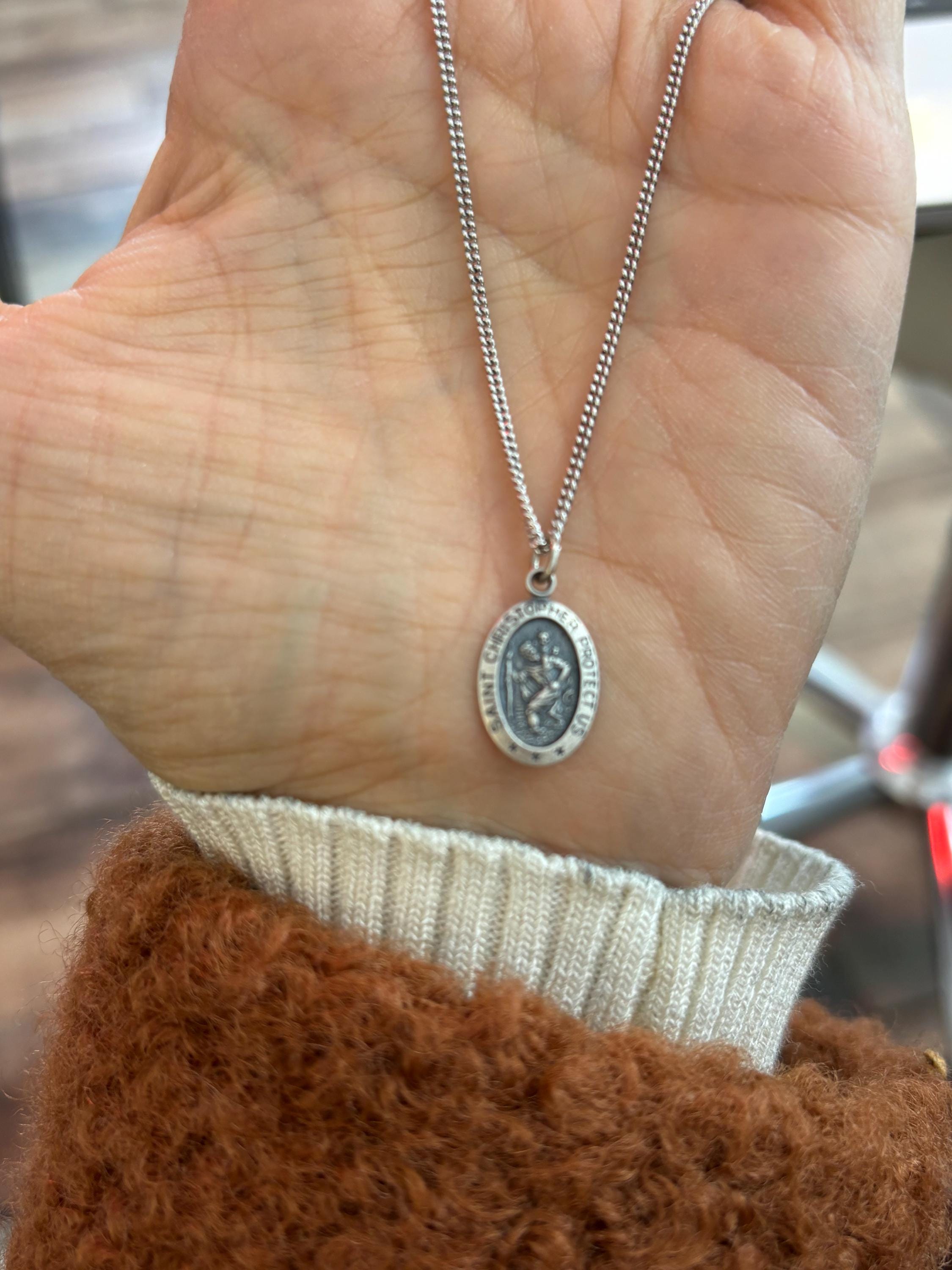 Sterling Silver St Christopher Oval Charm Pendant 18mm x 10mm Small with 18”Necklace