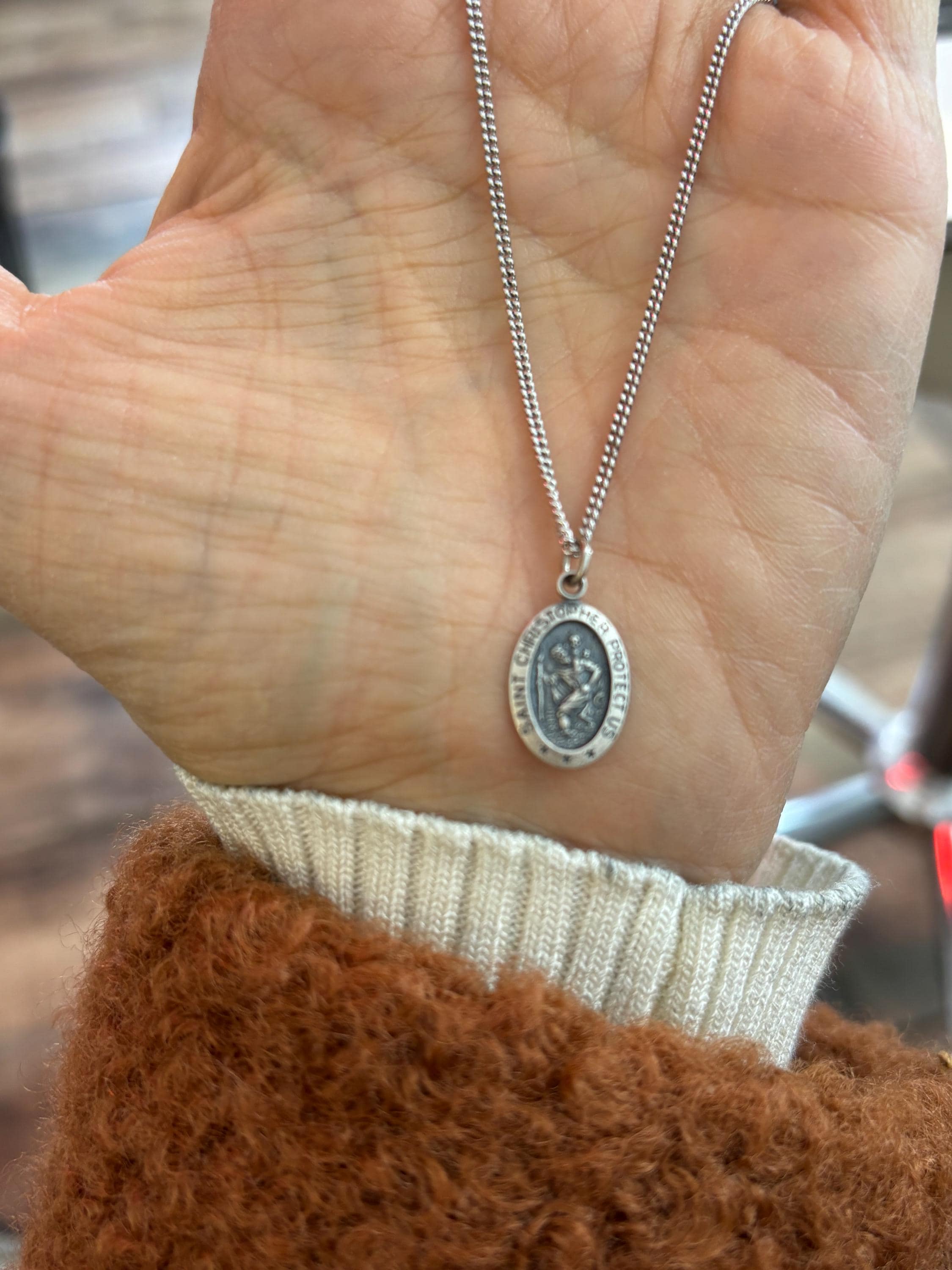 Sterling Silver St Christopher Oval Charm Pendant 18mm x 10mm Small with 18”Necklace