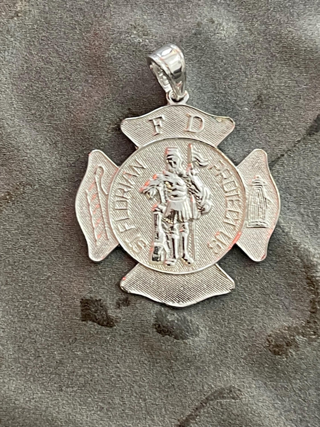 Sterling Silver Rhodium-Plated Saint Florian Fire Department Medal Pendant