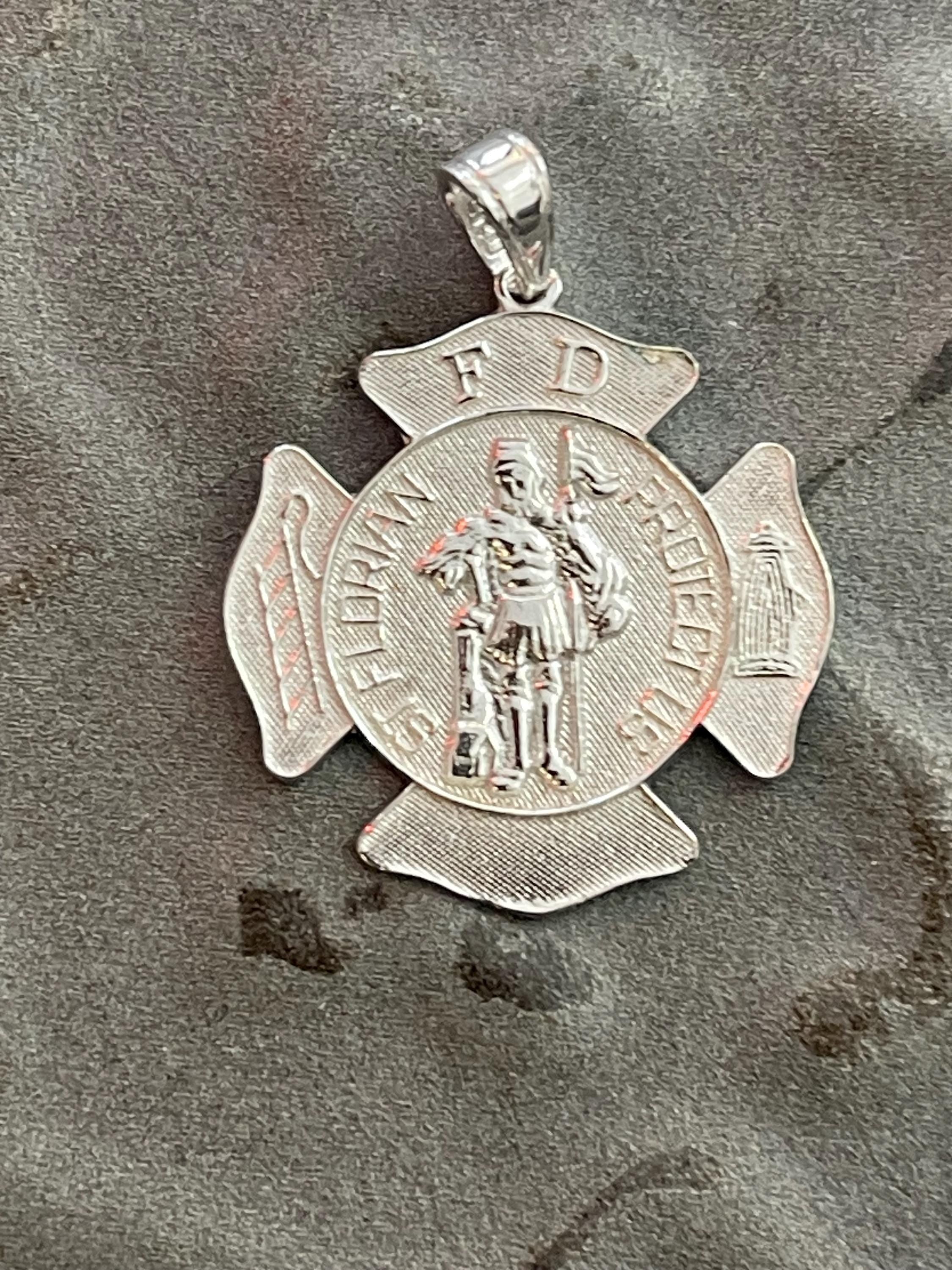 Sterling Silver Rhodium-Plated Saint Florian Fire Department Medal Pendant
