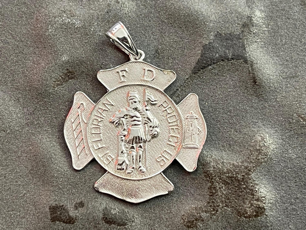 Sterling Silver Rhodium-Plated Saint Florian Fire Department Medal Pendant