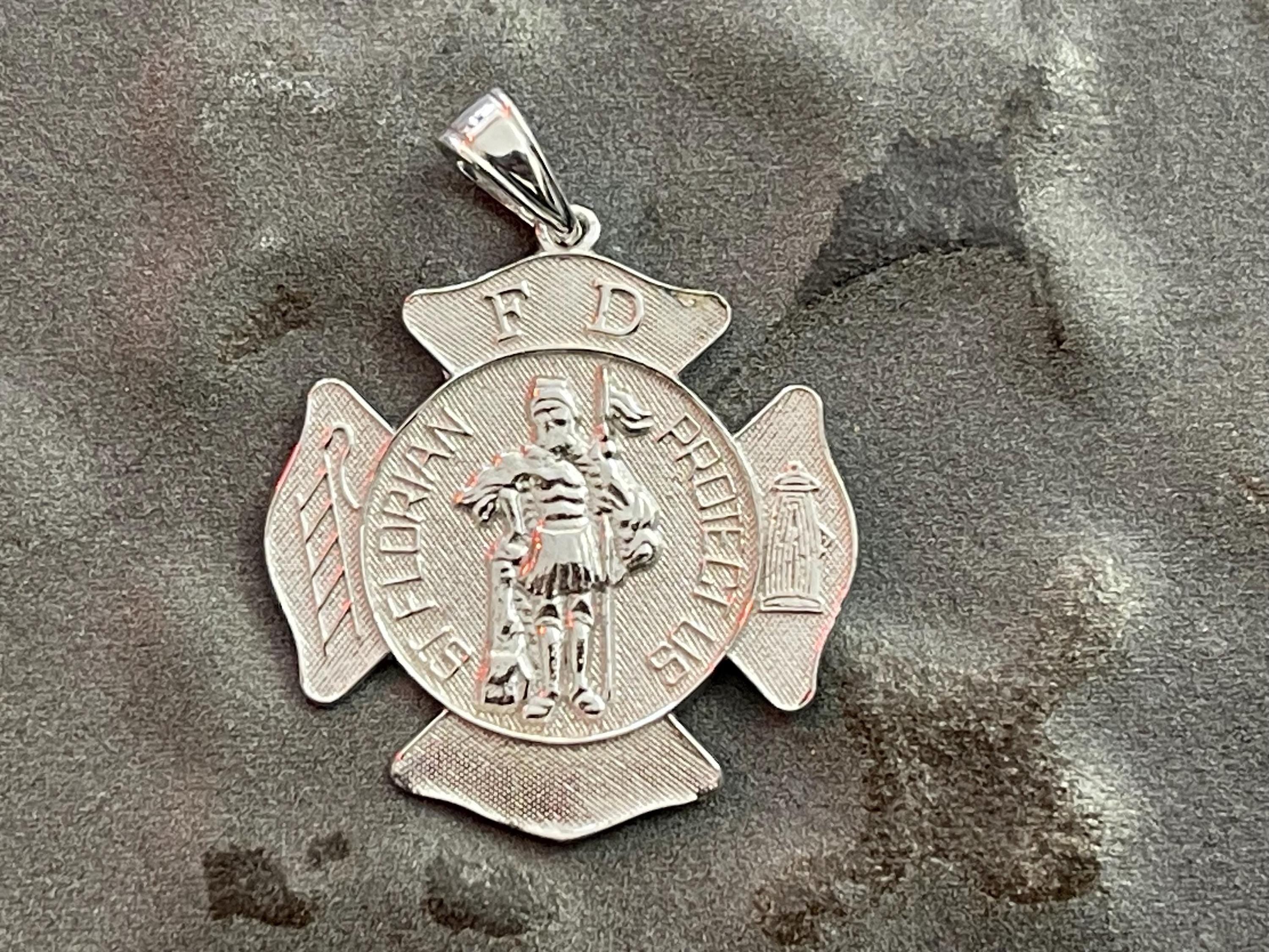 Sterling Silver Rhodium-Plated Saint Florian Fire Department Medal Pendant