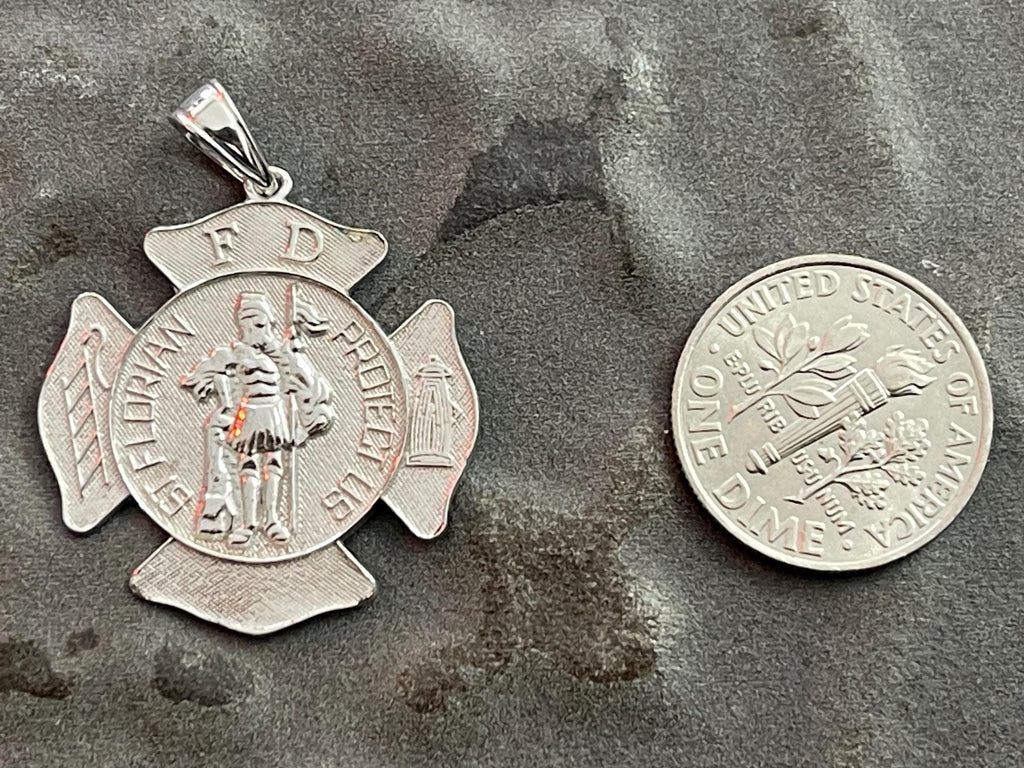 Sterling Silver Rhodium-Plated Saint Florian Fire Department Medal Pendant