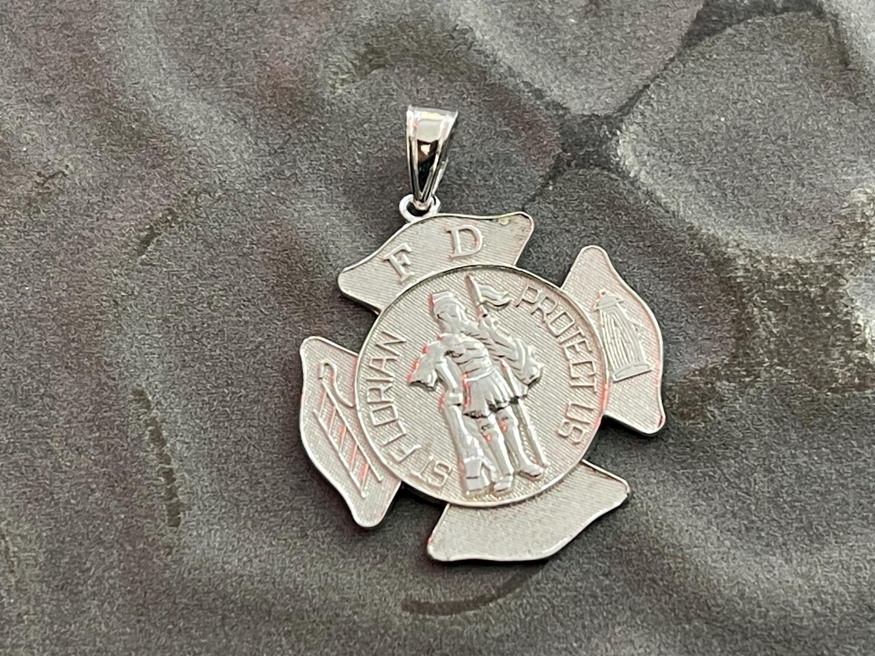 Sterling Silver Rhodium-Plated Saint Florian Fire Department Medal Pendant