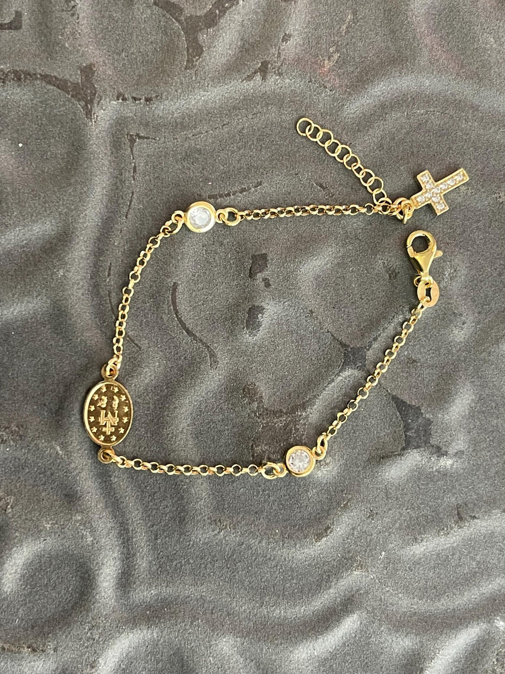 Sterling Silver Gold-Plated Cubic Zirconia Set with Cross & Our Lady of Guadalupe Bracelet