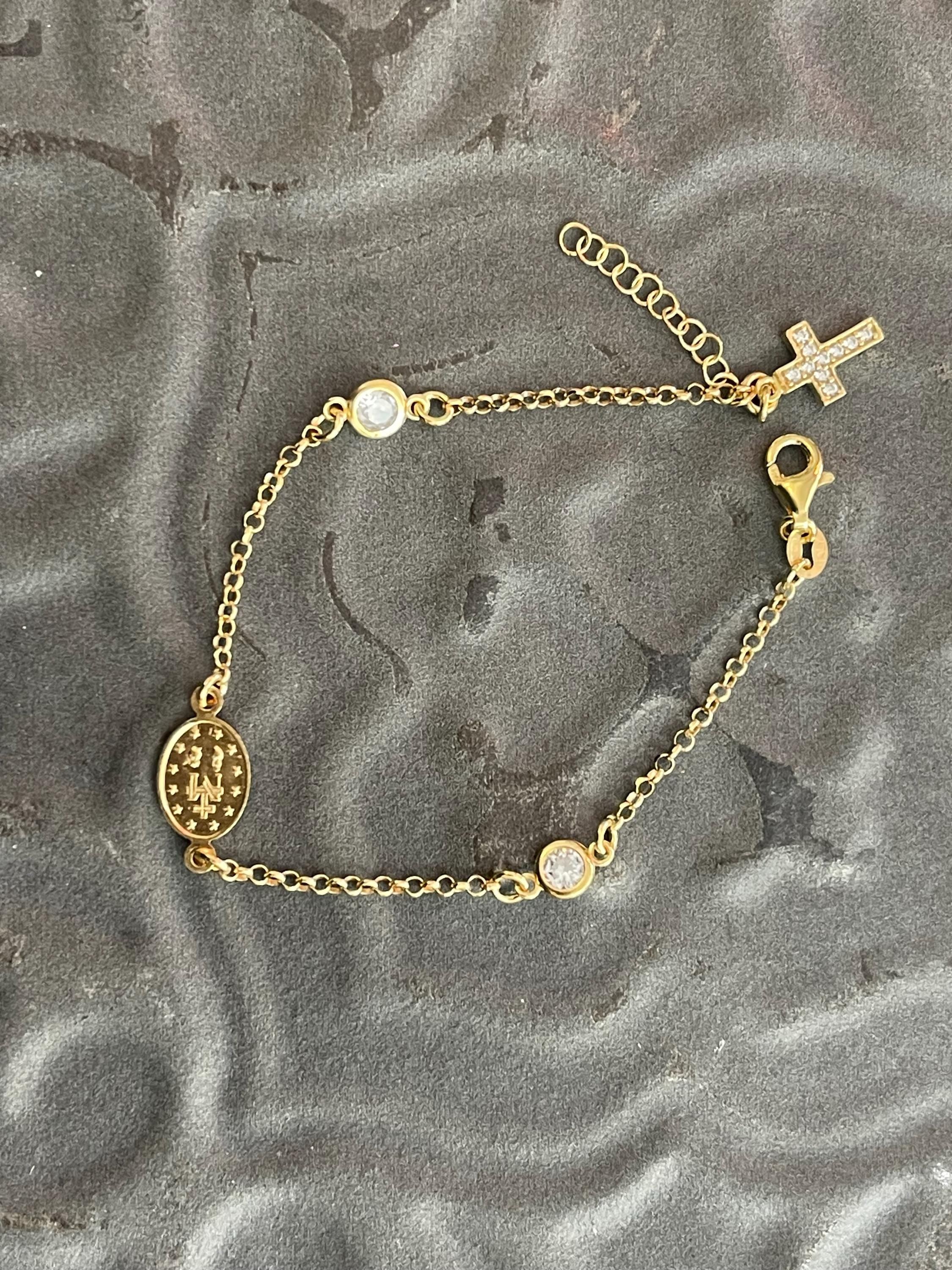 Sterling Silver Gold-Plated Cubic Zirconia Set with Cross & Our Lady of Guadalupe Bracelet