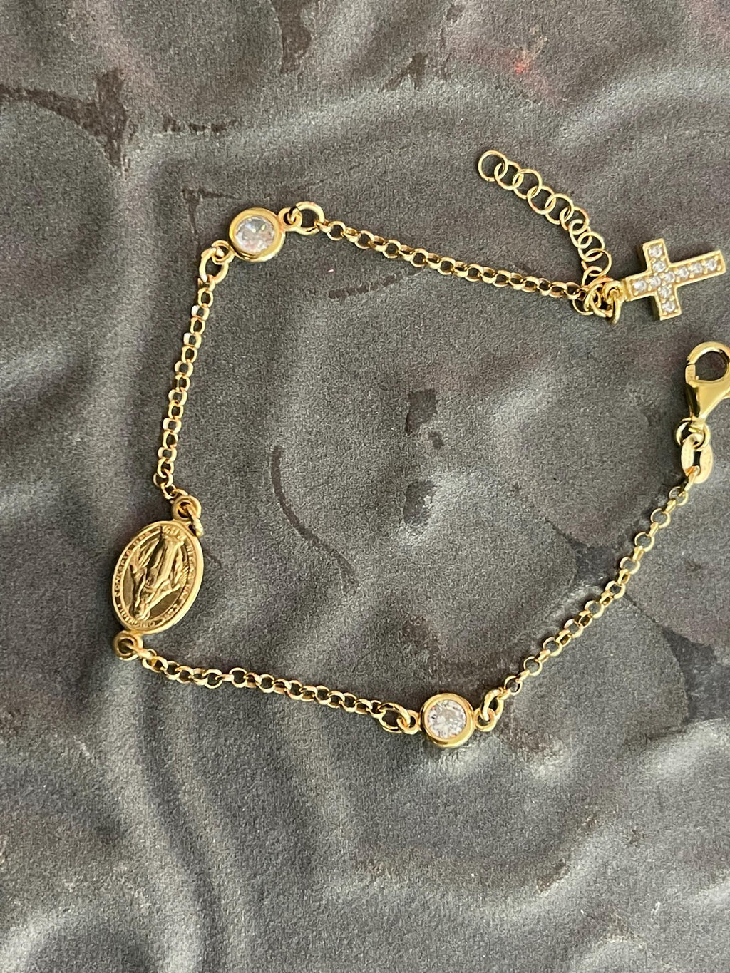 Sterling Silver Gold-Plated Cubic Zirconia Set with Cross & Our Lady of Guadalupe Bracelet