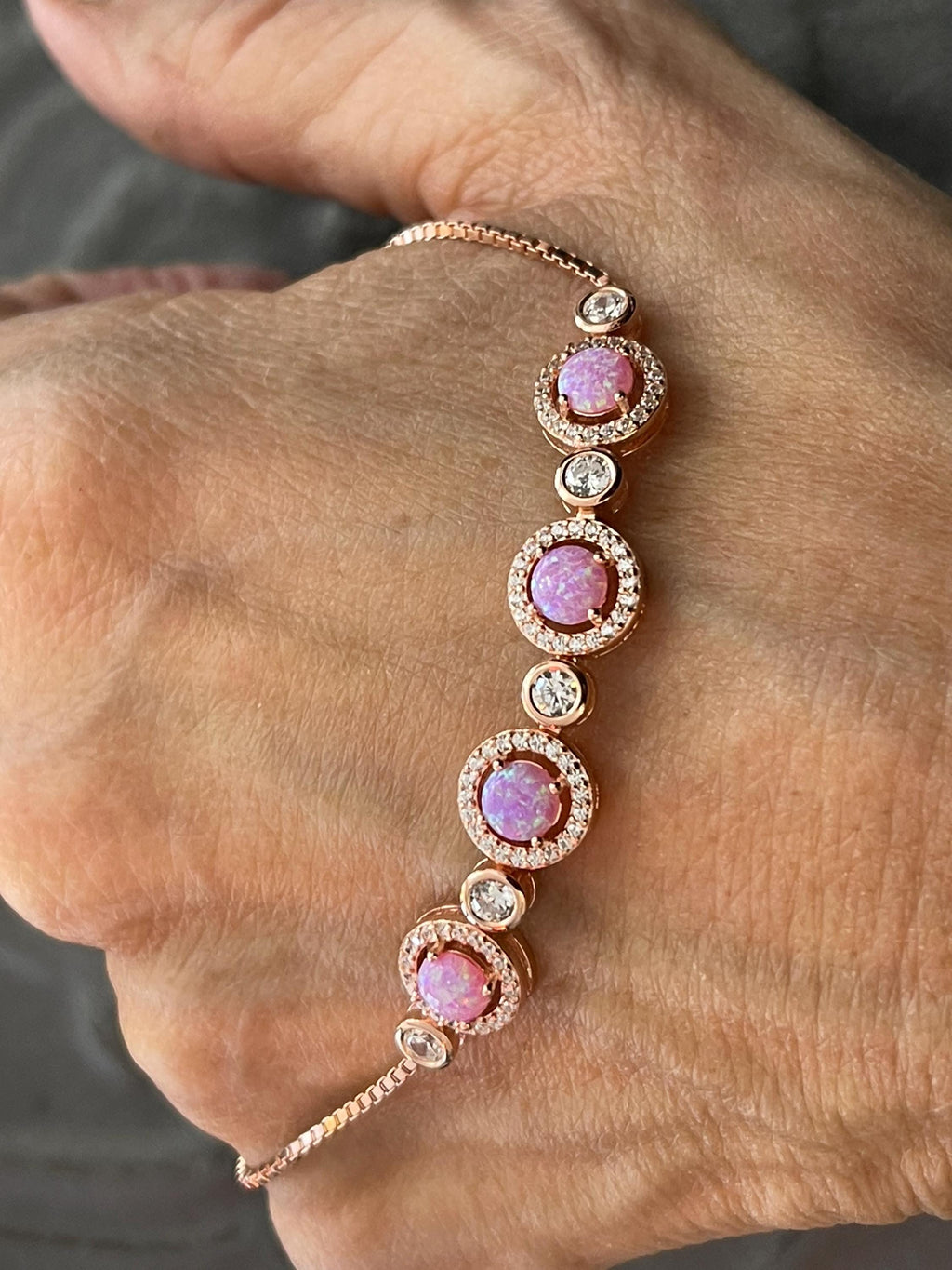 Sterling Silver Rose-tone Opal and Cubic Zirconia Adjustable Bracelet