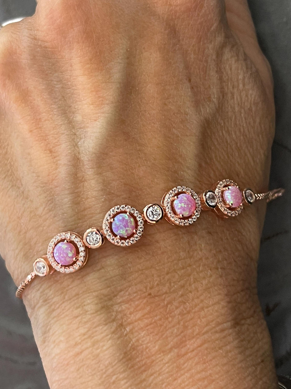 Sterling Silver Rose-tone Opal and Cubic Zirconia Adjustable Bracelet