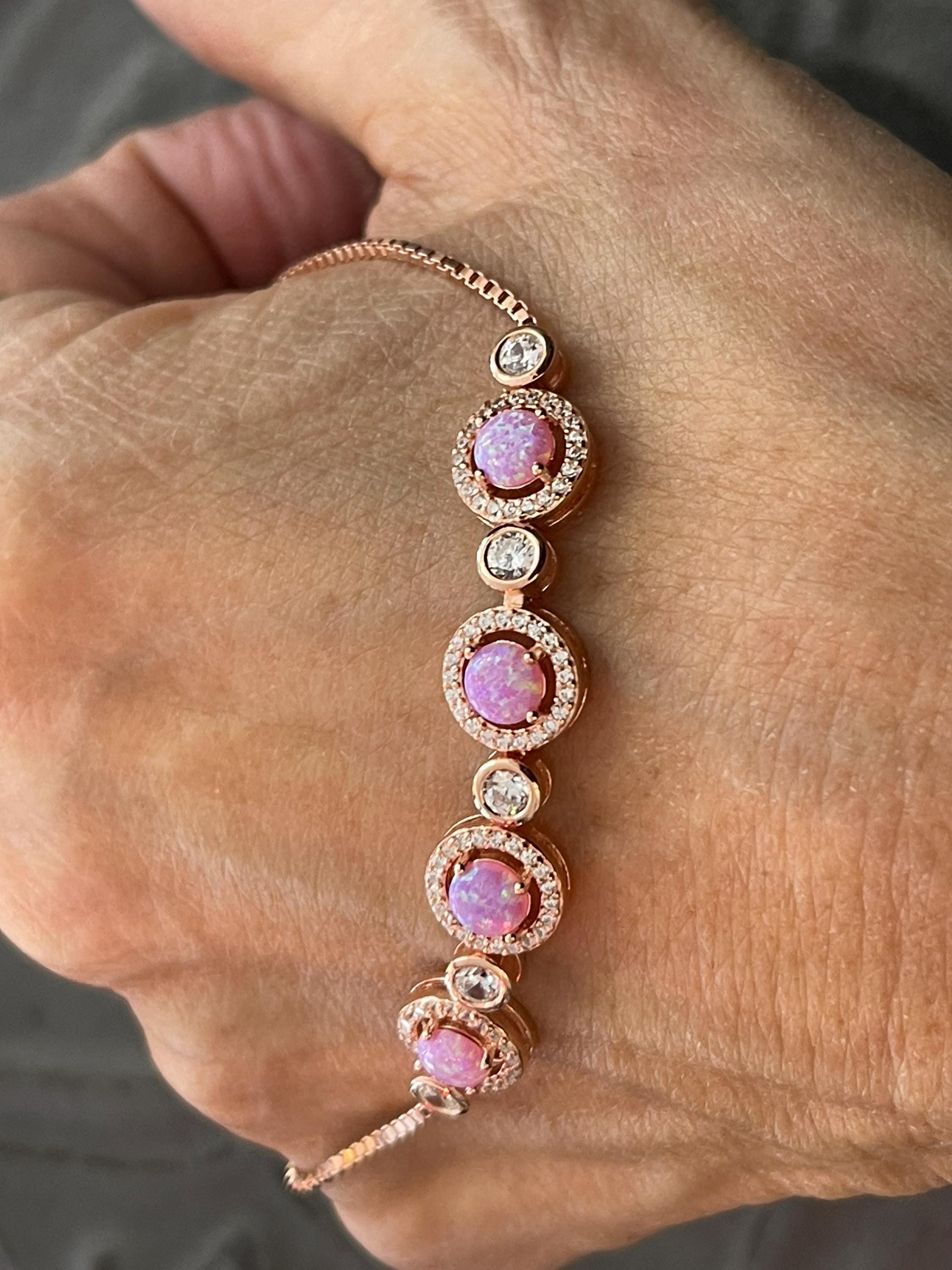 Sterling Silver Rose-tone Opal and Cubic Zirconia Adjustable Bracelet