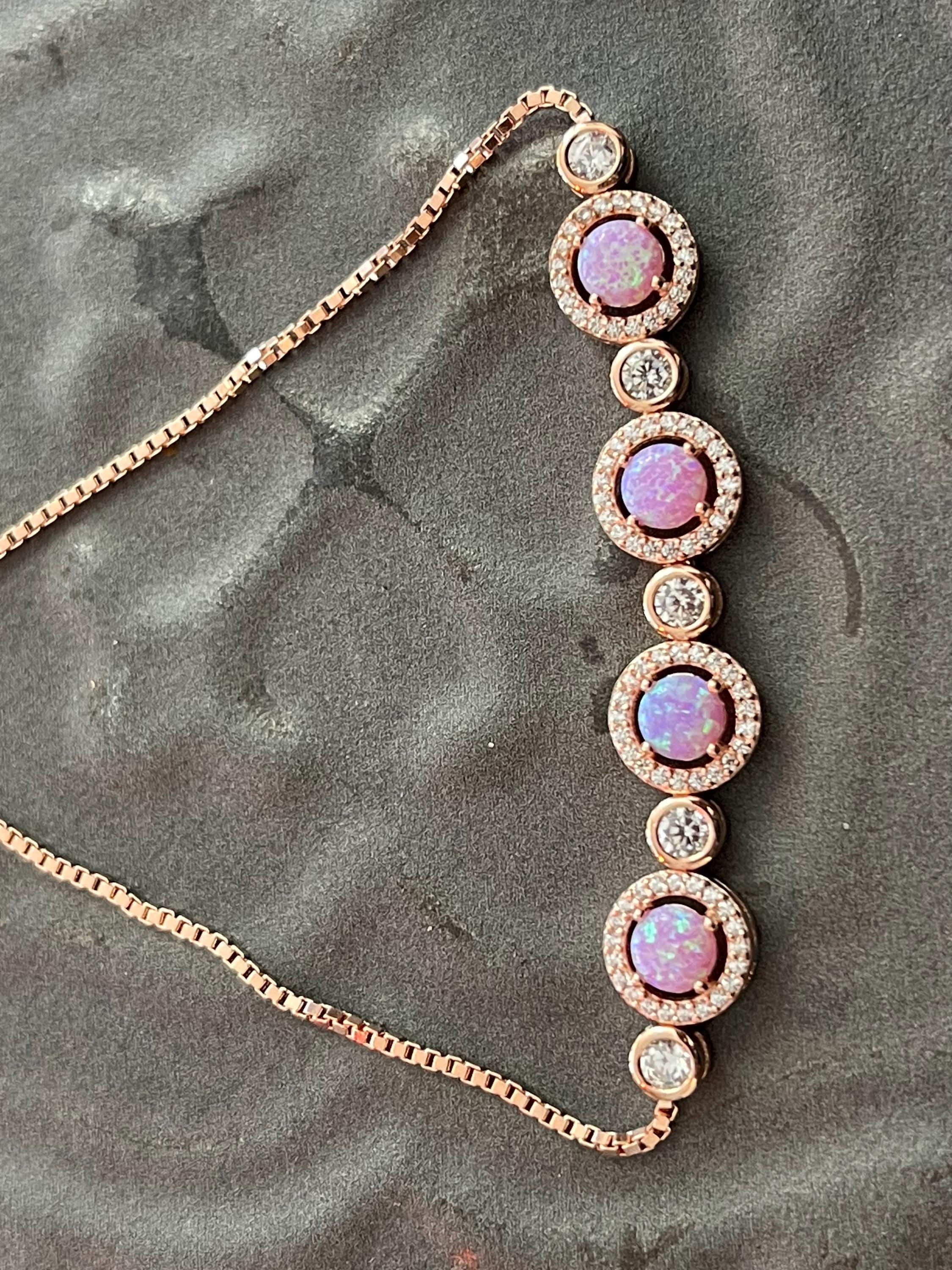 Sterling Silver Rose-tone Opal and Cubic Zirconia Adjustable Bracelet