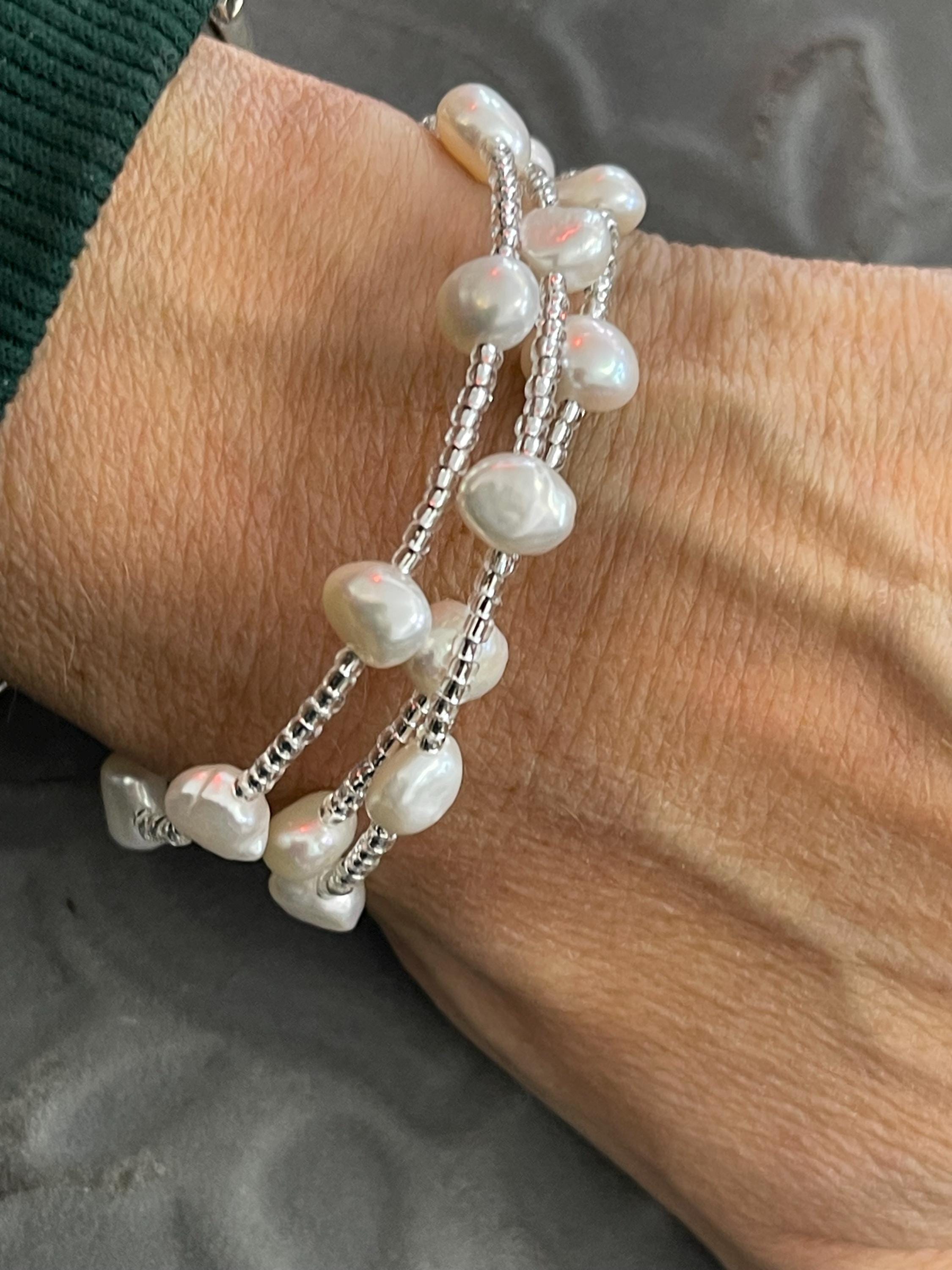 White Baroque Freshwater Cultured Pearl and Glass Beaded Wrap Slip-on Fashion Bracelet