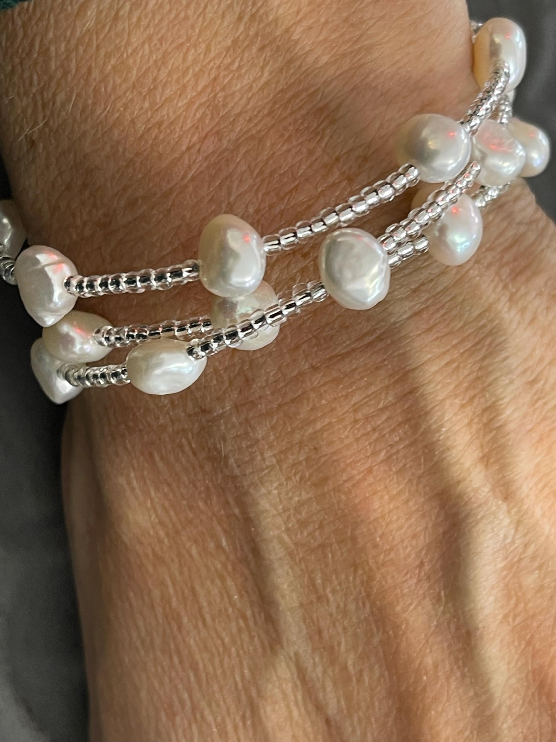 White Baroque Freshwater Cultured Pearl and Glass Beaded Wrap Slip-on Fashion Bracelet