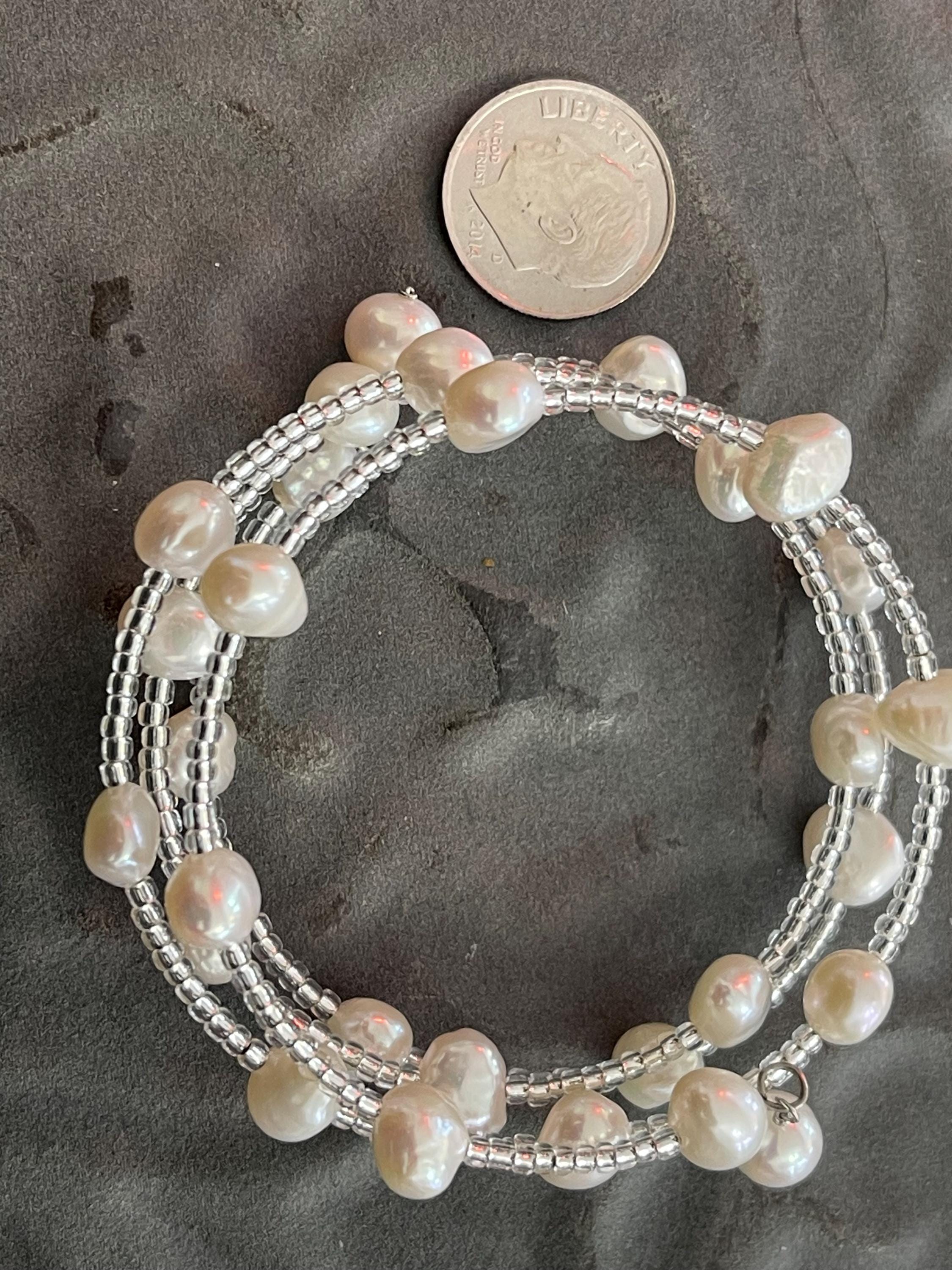 White Baroque Freshwater Cultured Pearl and Glass Beaded Wrap Slip-on Fashion Bracelet