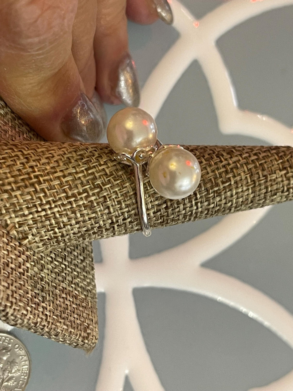 Sterling Silver Polished Faux Double Pearl Ring