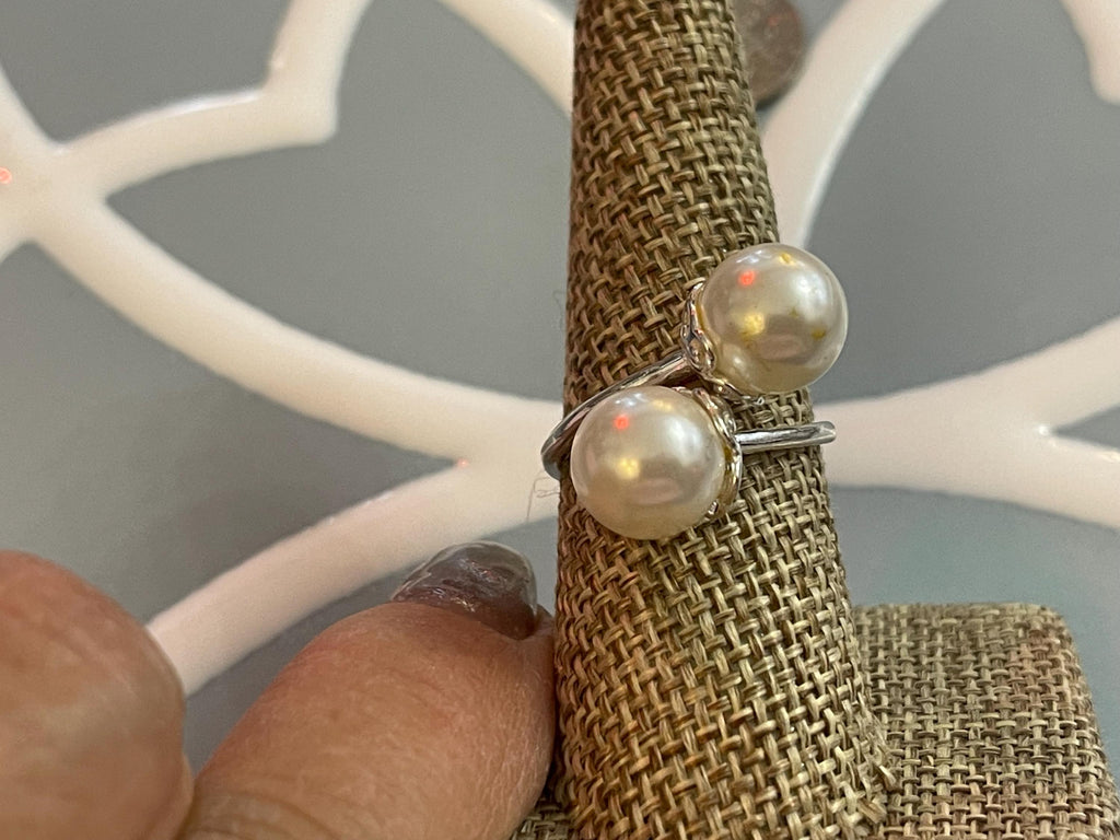 Sterling Silver Polished Faux Double Pearl Ring