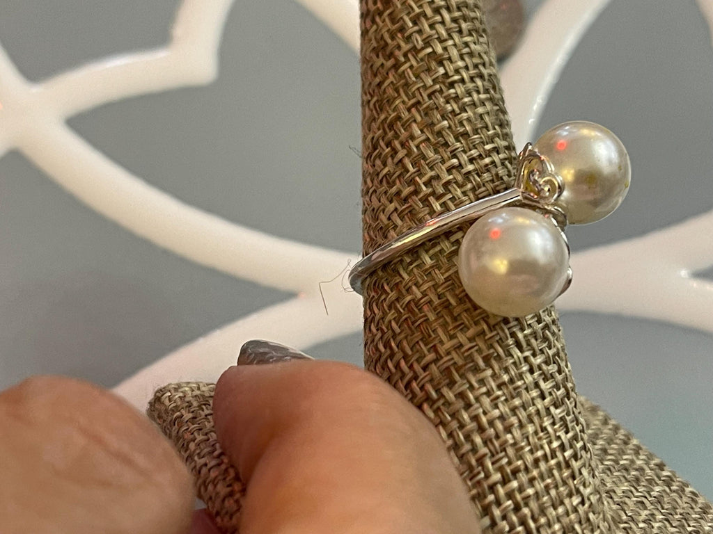 Sterling Silver Polished Faux Double Pearl Ring
